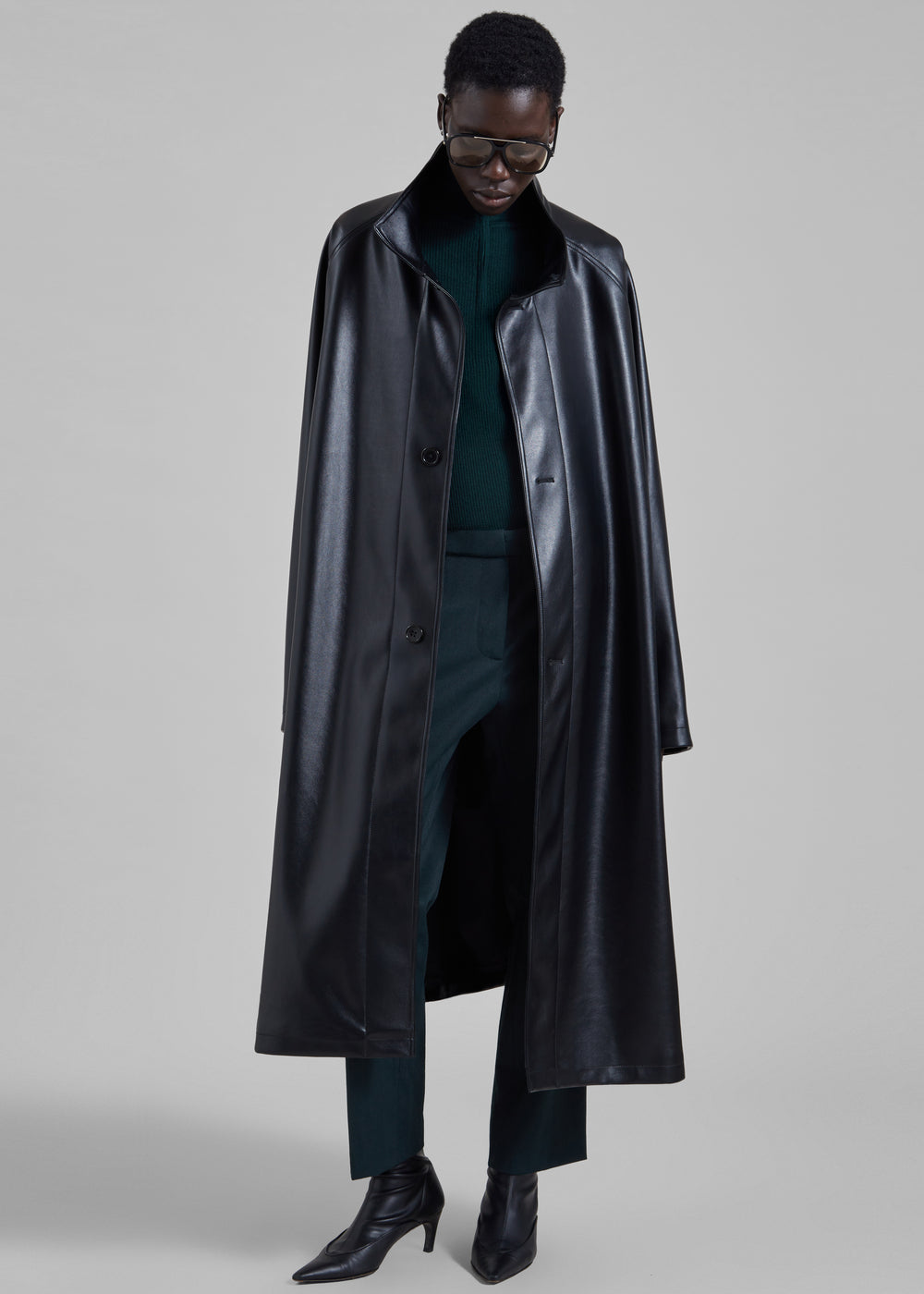 Calen Faux Leather Trench Coat - Black - 1