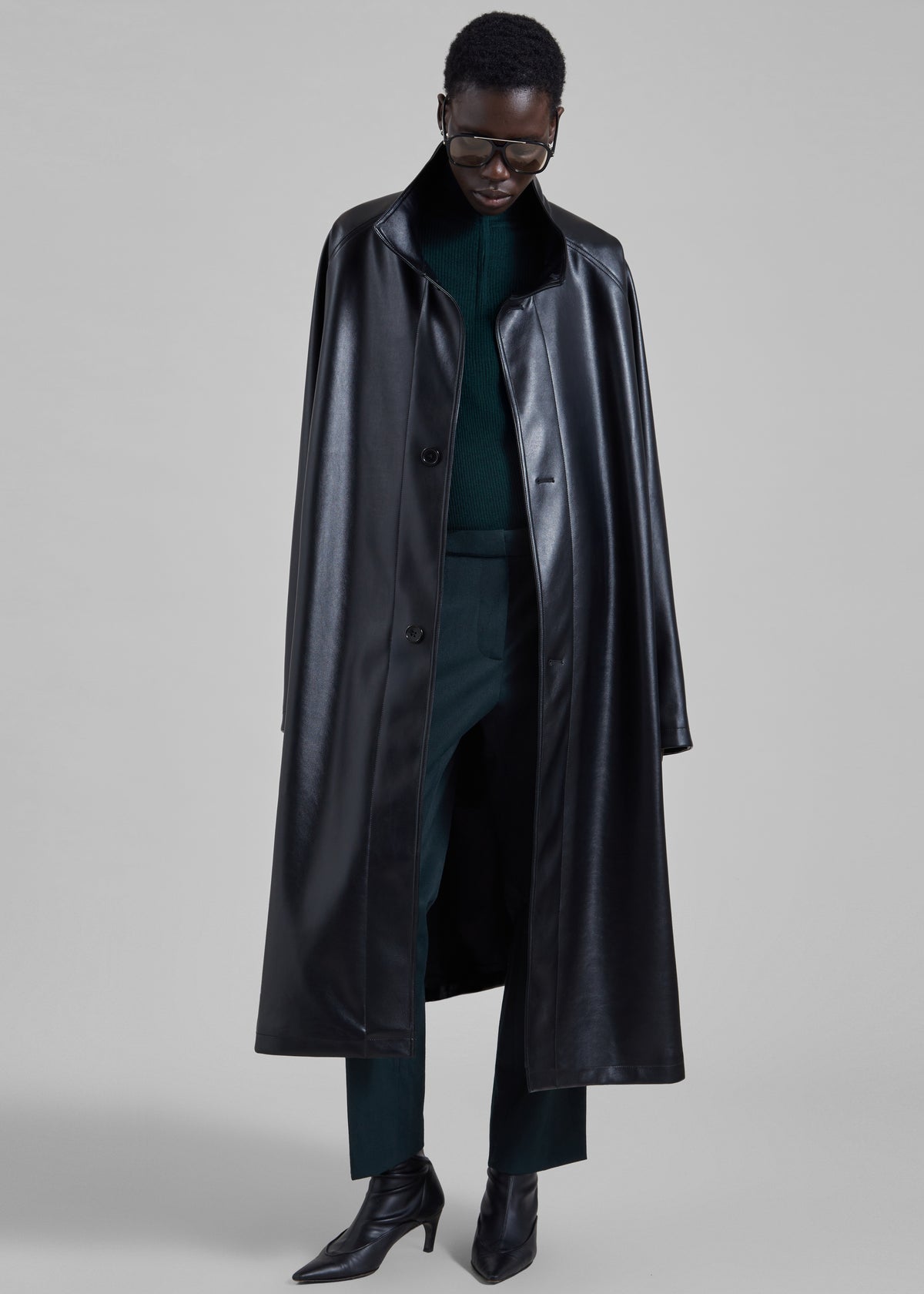 Calen Faux Leather Trench Coat - Black - 2