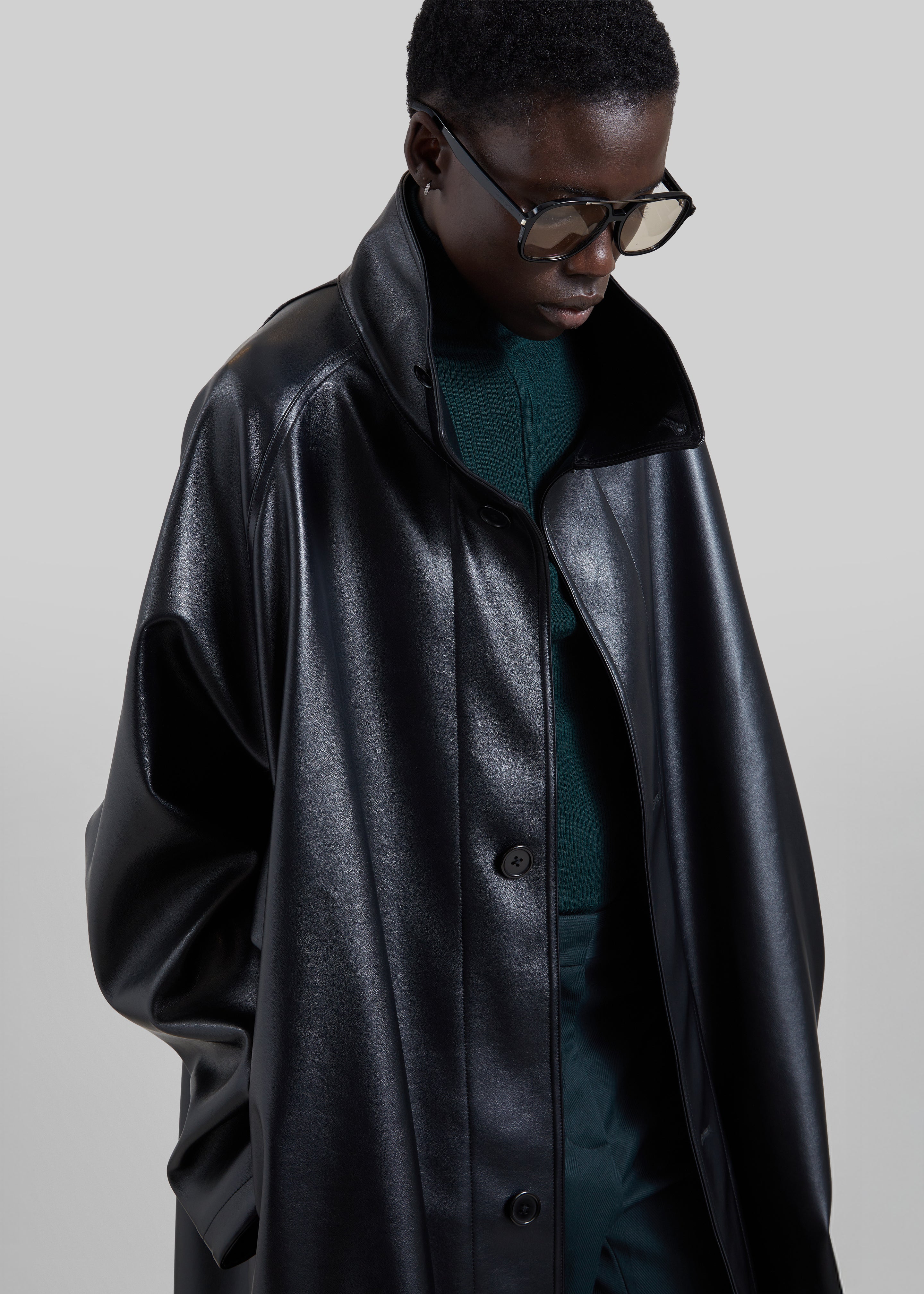 Calen Faux Leather Trench Coat - Black - 5