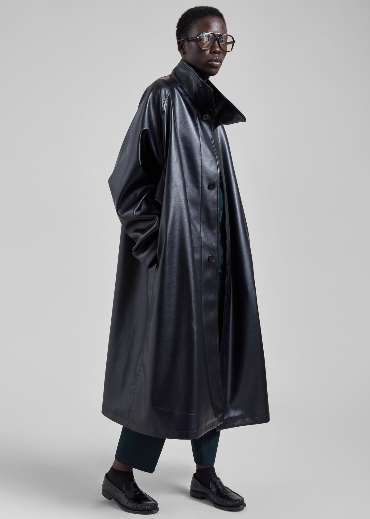 Calen Faux Leather Trench Coat - Black - 1