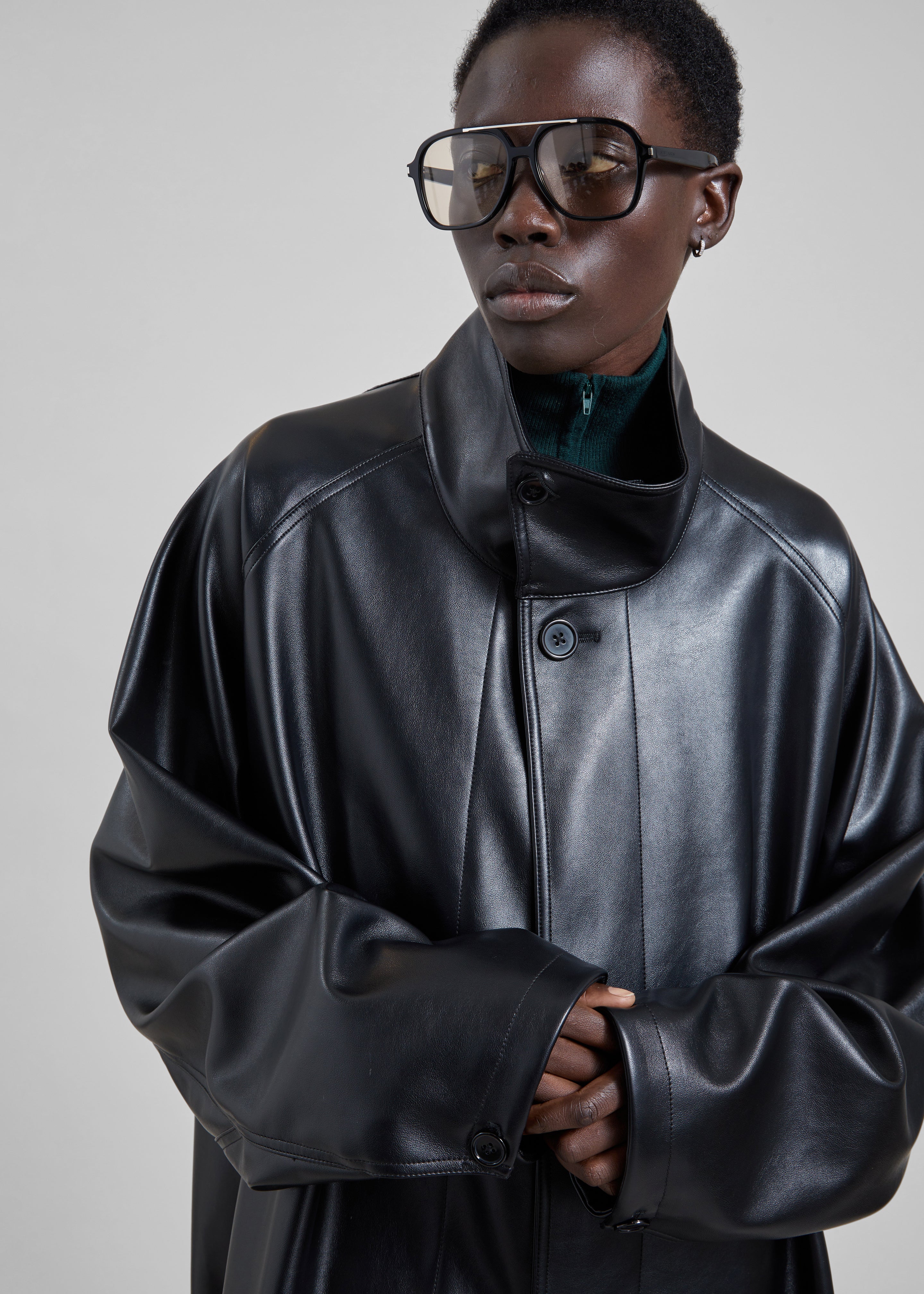 Calen Faux Leather Trench Coat - Black - 3