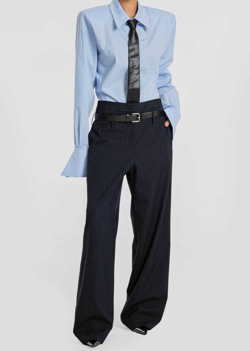 Camlez Low Belt Loop Trousers - Navy Pinstripe - 1