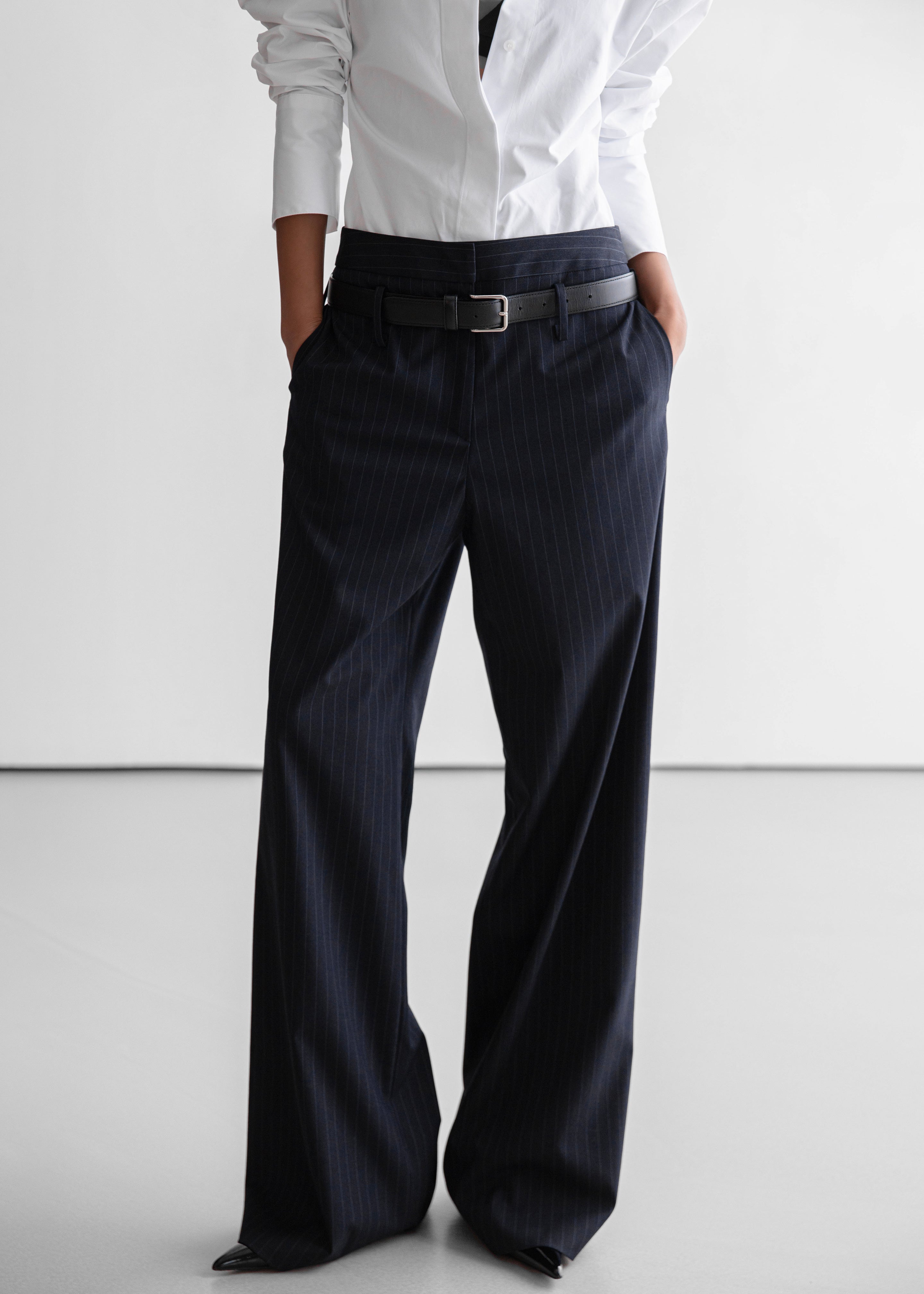Camlez Low Belt Loop Trousers - Navy Pinstripe – The Frankie Shop