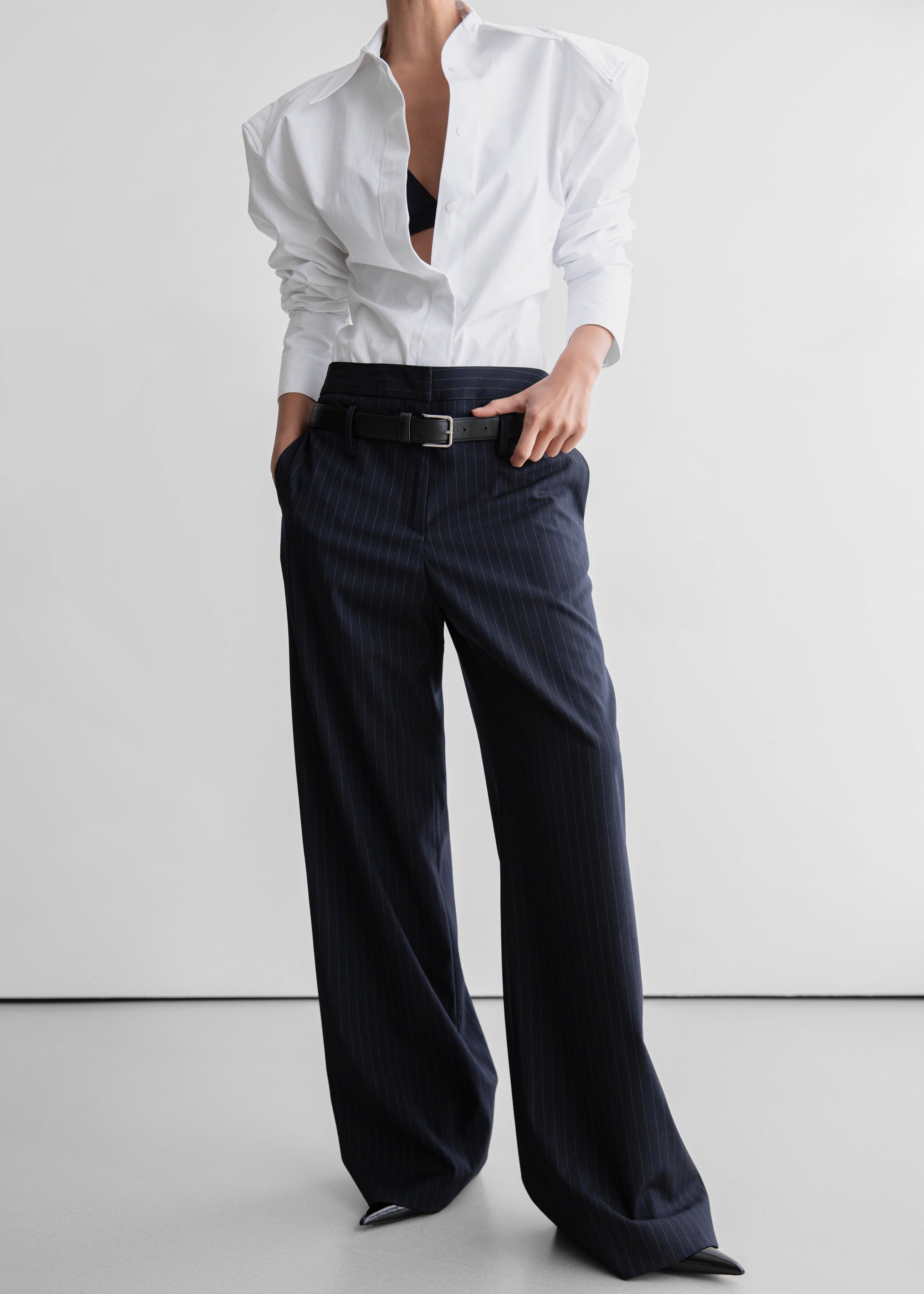 Camlez Low Belt Loop Trousers - Navy Pinstripe - 6