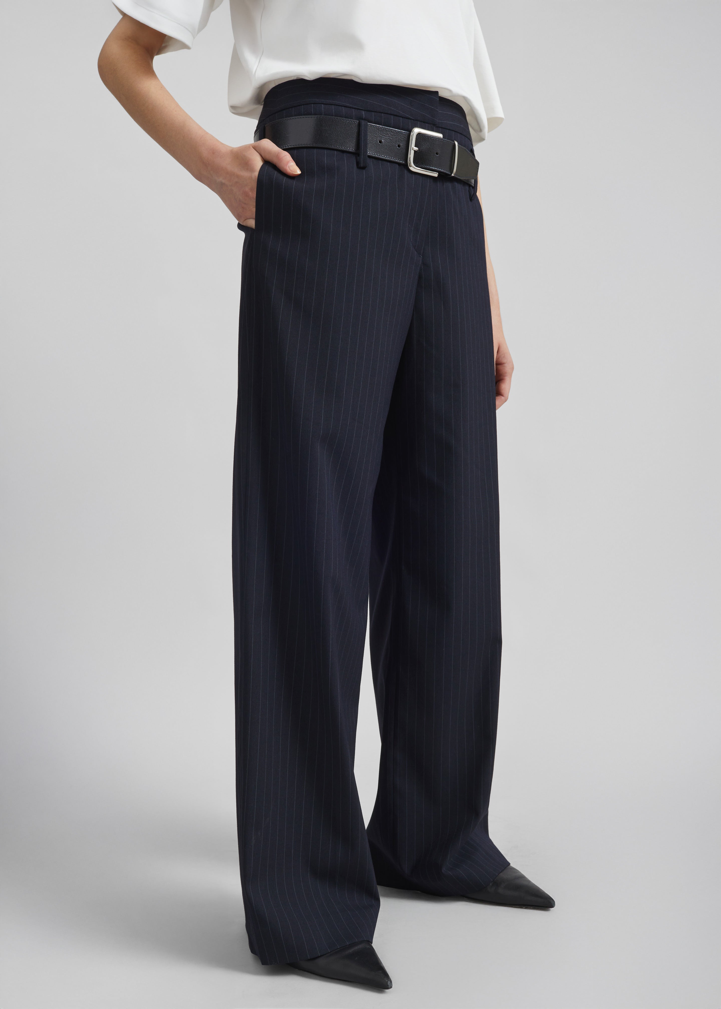 Camlez Low Belt Loop Trousers - Navy Pinstripe – The Frankie Shop