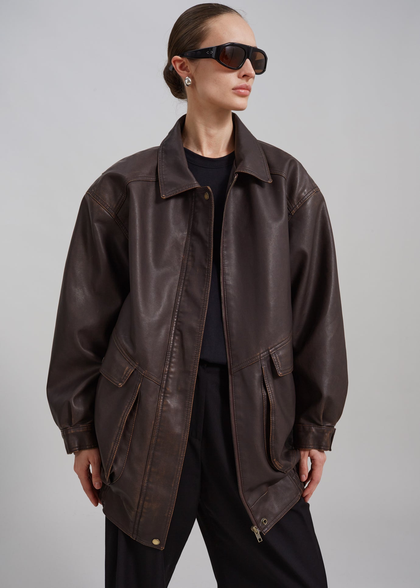 Cardiff Oversized Faux Leather Jacket - Brown