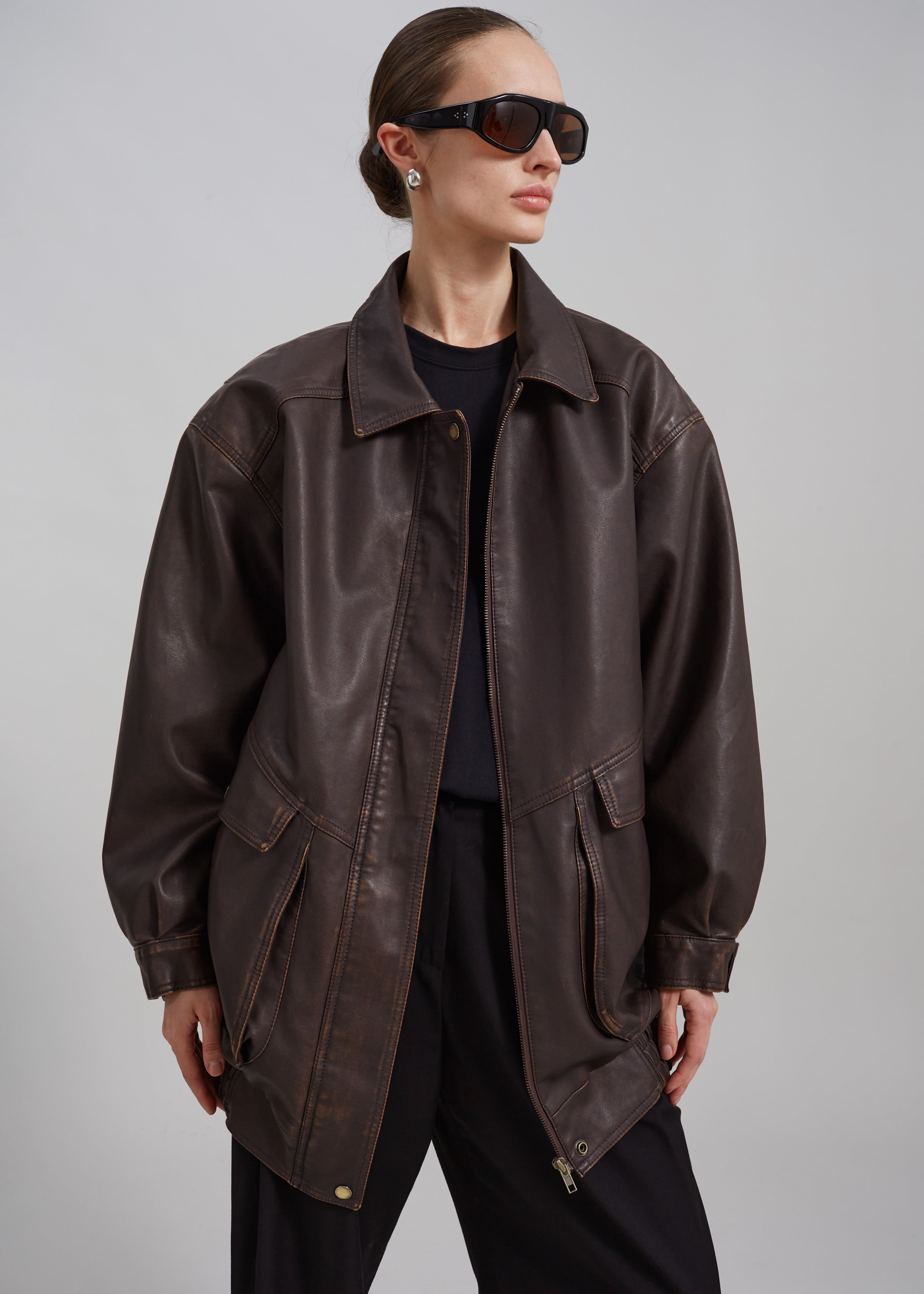 Cardiff Oversized Faux Leather Jacket - Brown - 1