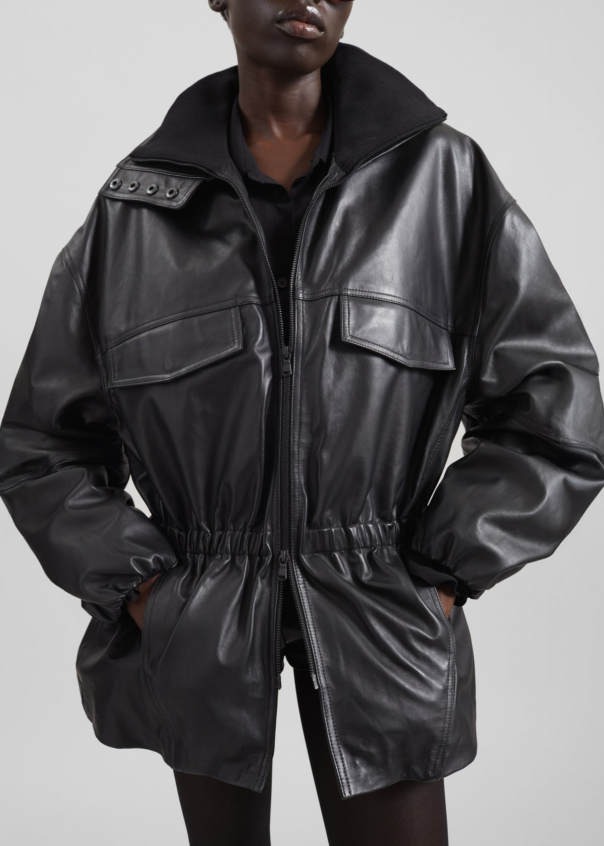 Carnaby Funnel Neck Leather Jacket - Black - 2