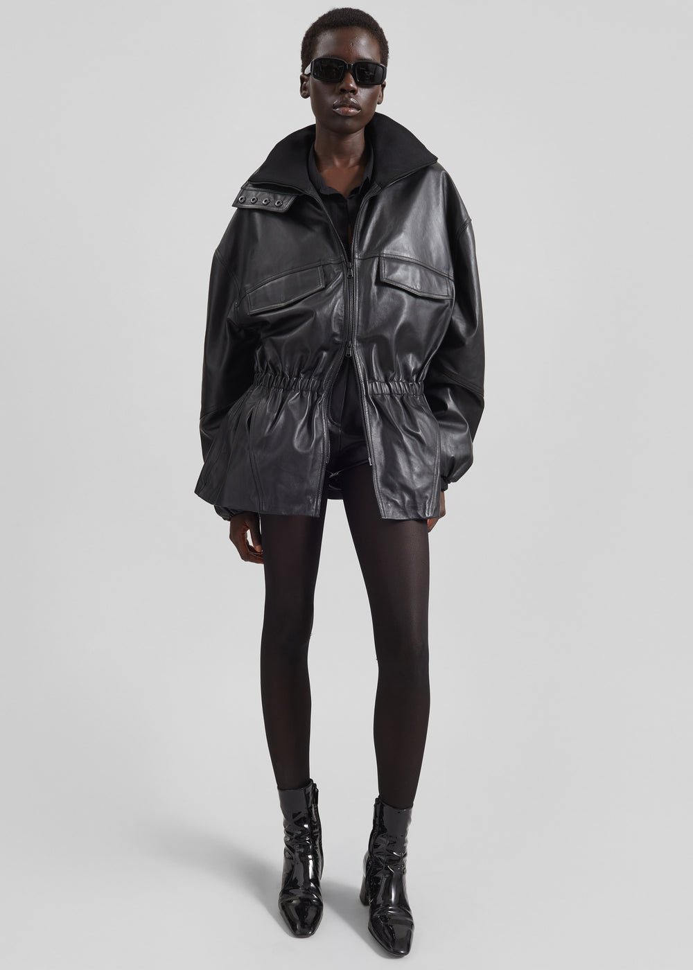 Carnaby Funnel Neck Leather Jacket - Black