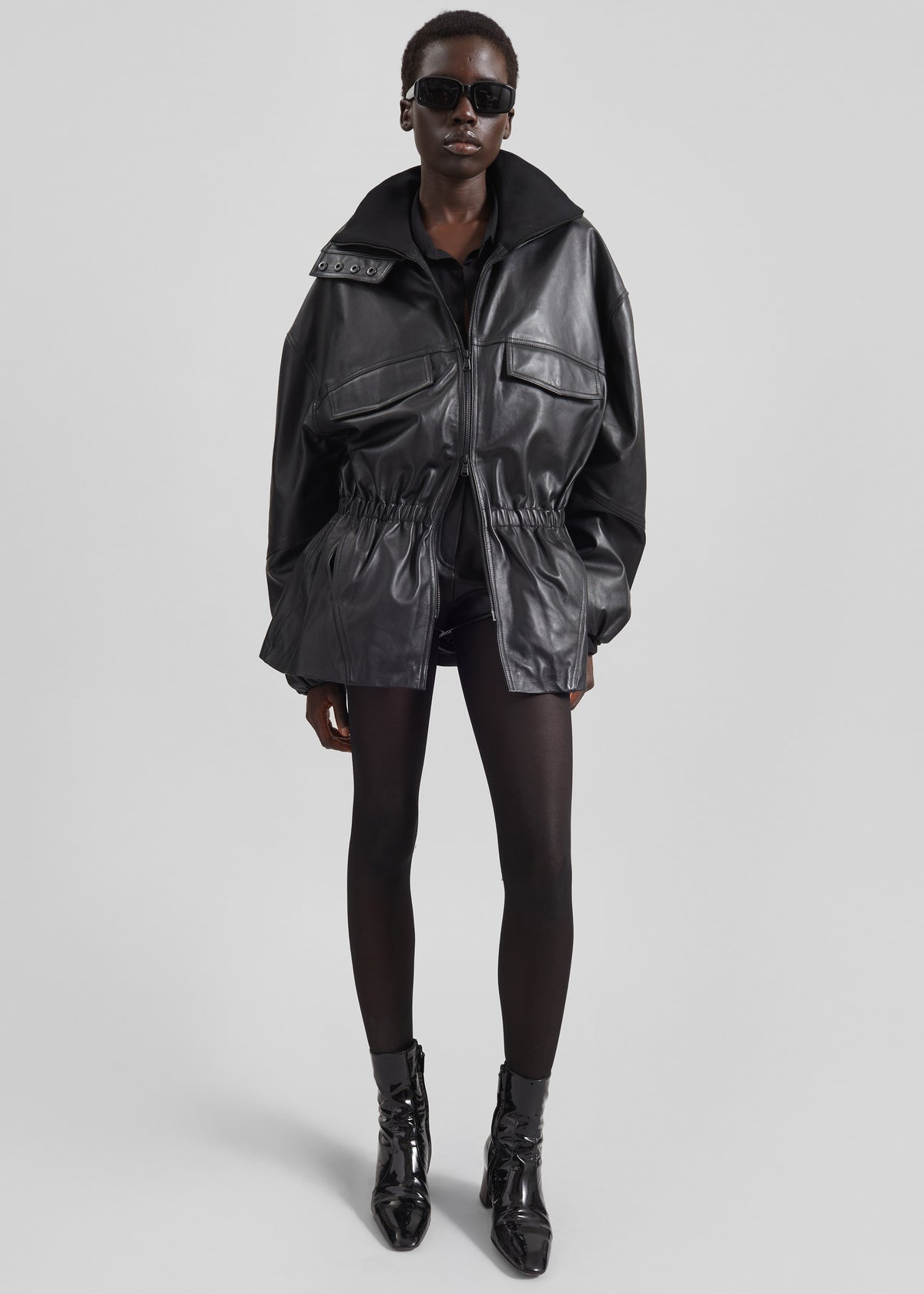 Carnaby Funnel Neck Leather Jacket - Black - 1