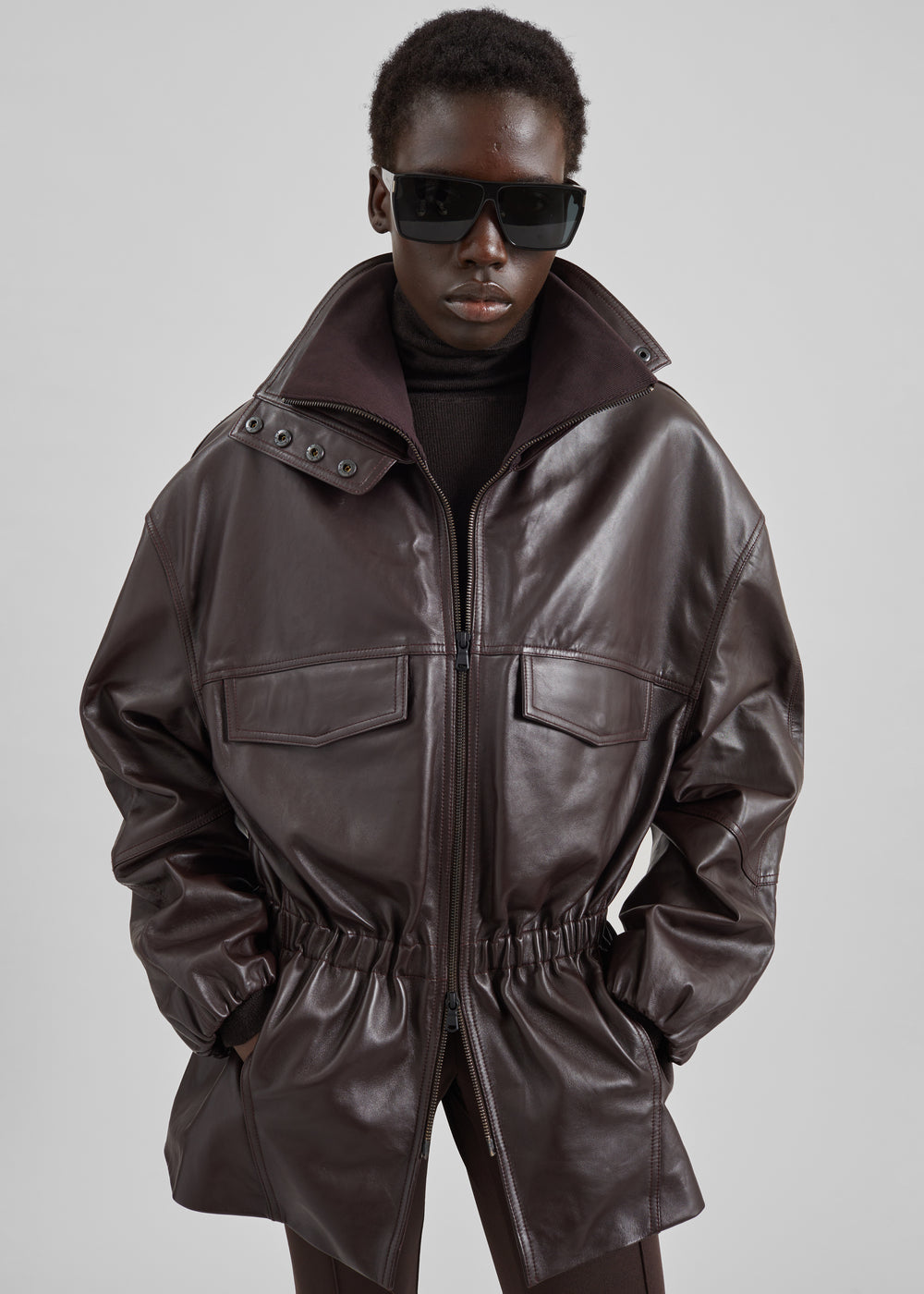 Carnaby Funnel Neck Leather Jacket - Dark Plum