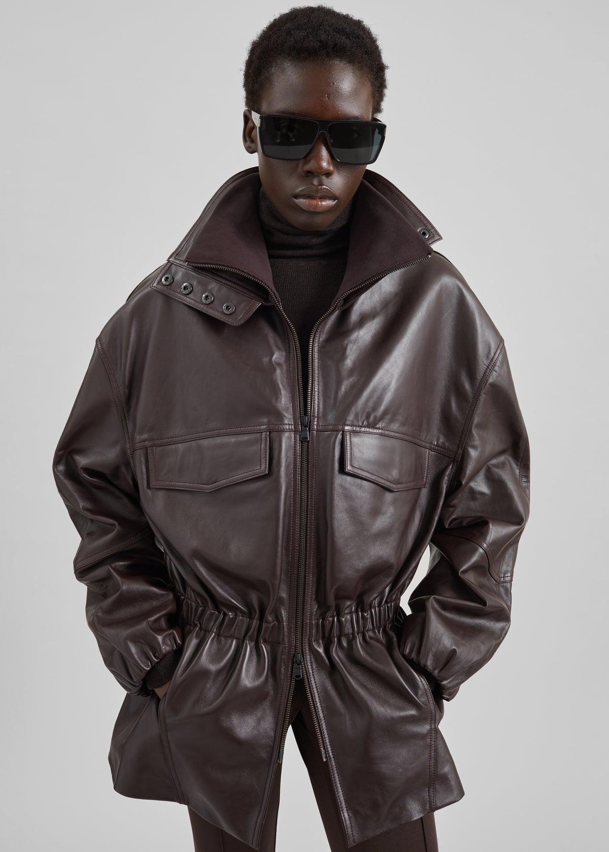 Carnaby Funnel Neck Leather Jacket - Dark Plum - 1