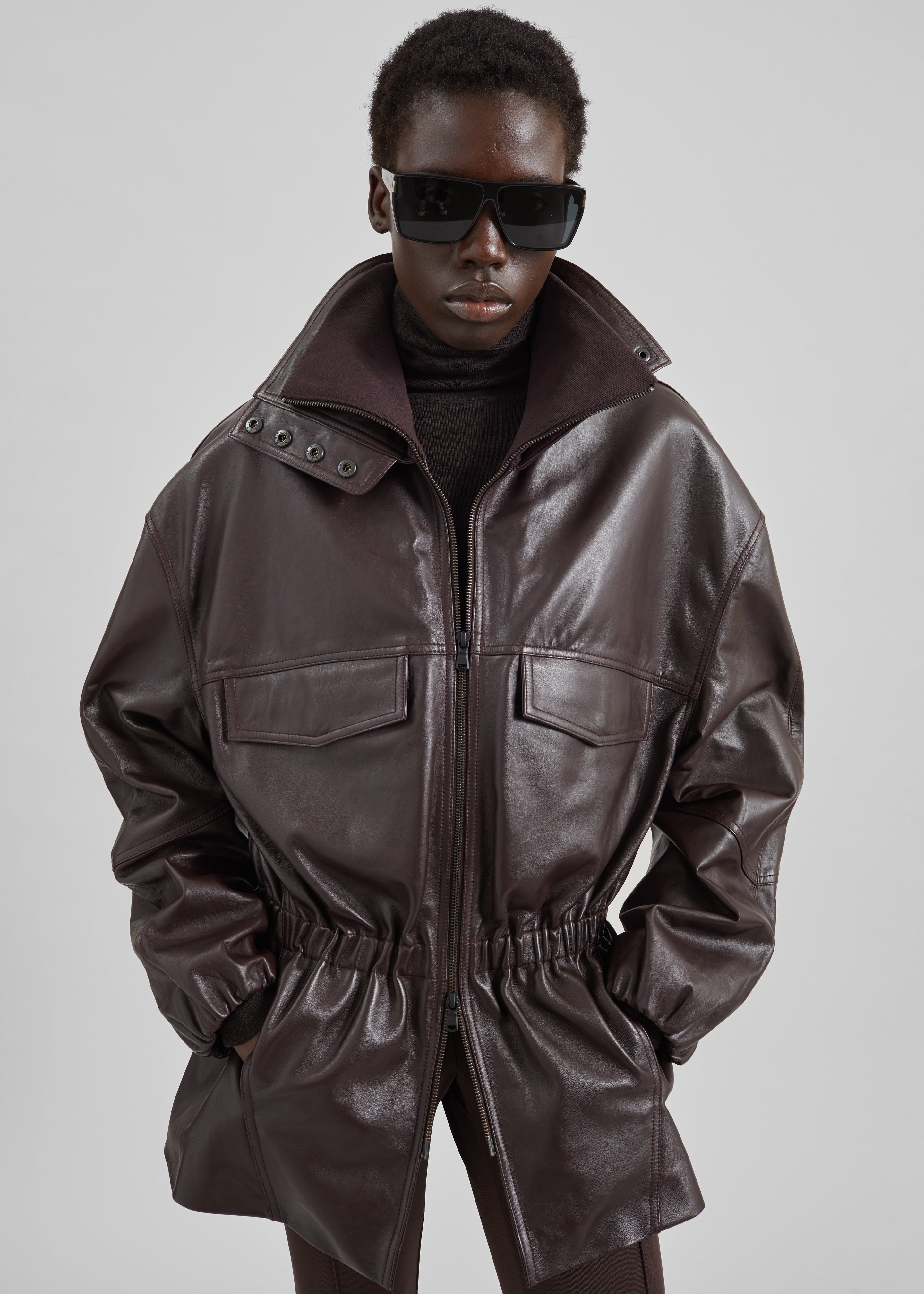 Carnaby Funnel Neck Leather Jacket - Dark Plum - 1