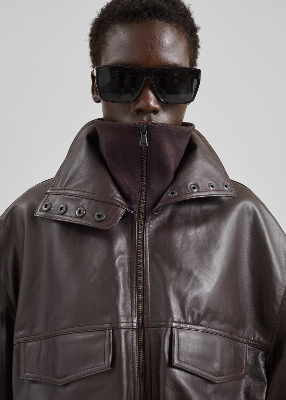 Carnaby Funnel Neck Leather Jacket - Dark Plum - 1