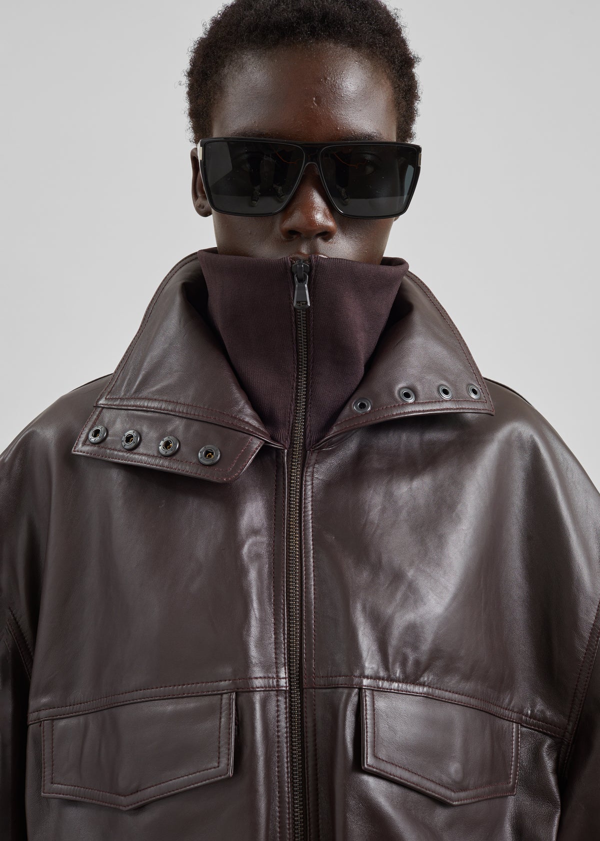 Carnaby Funnel Neck Leather Jacket - Dark Plum - 2
