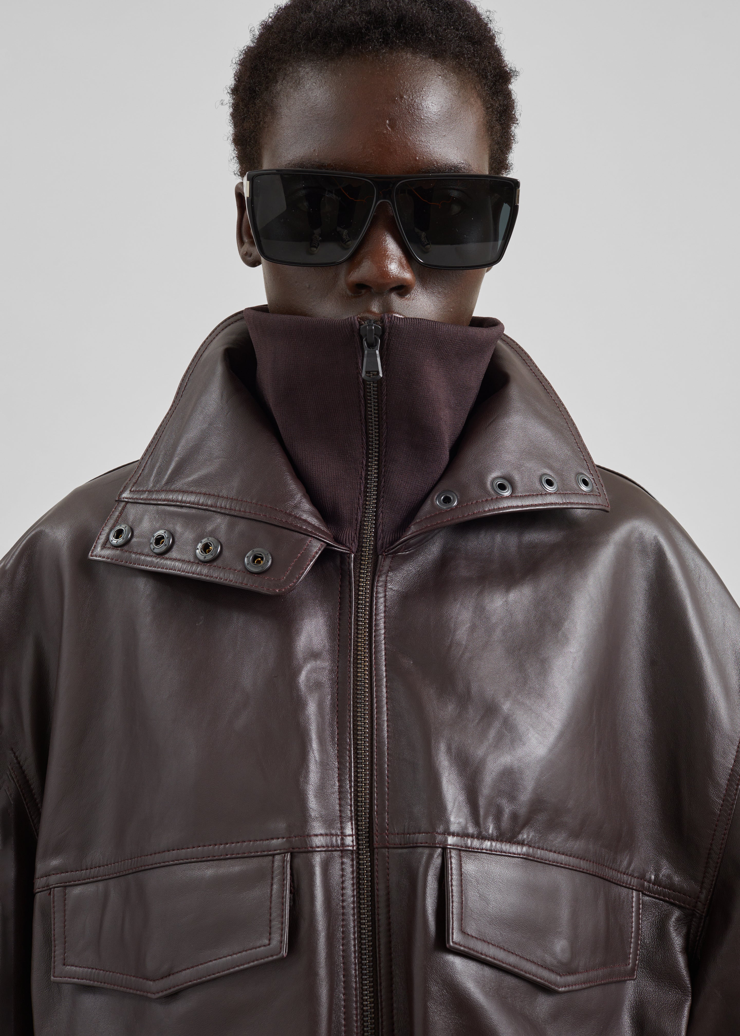 Carnaby Funnel Neck Leather Jacket - Dark Plum - 2