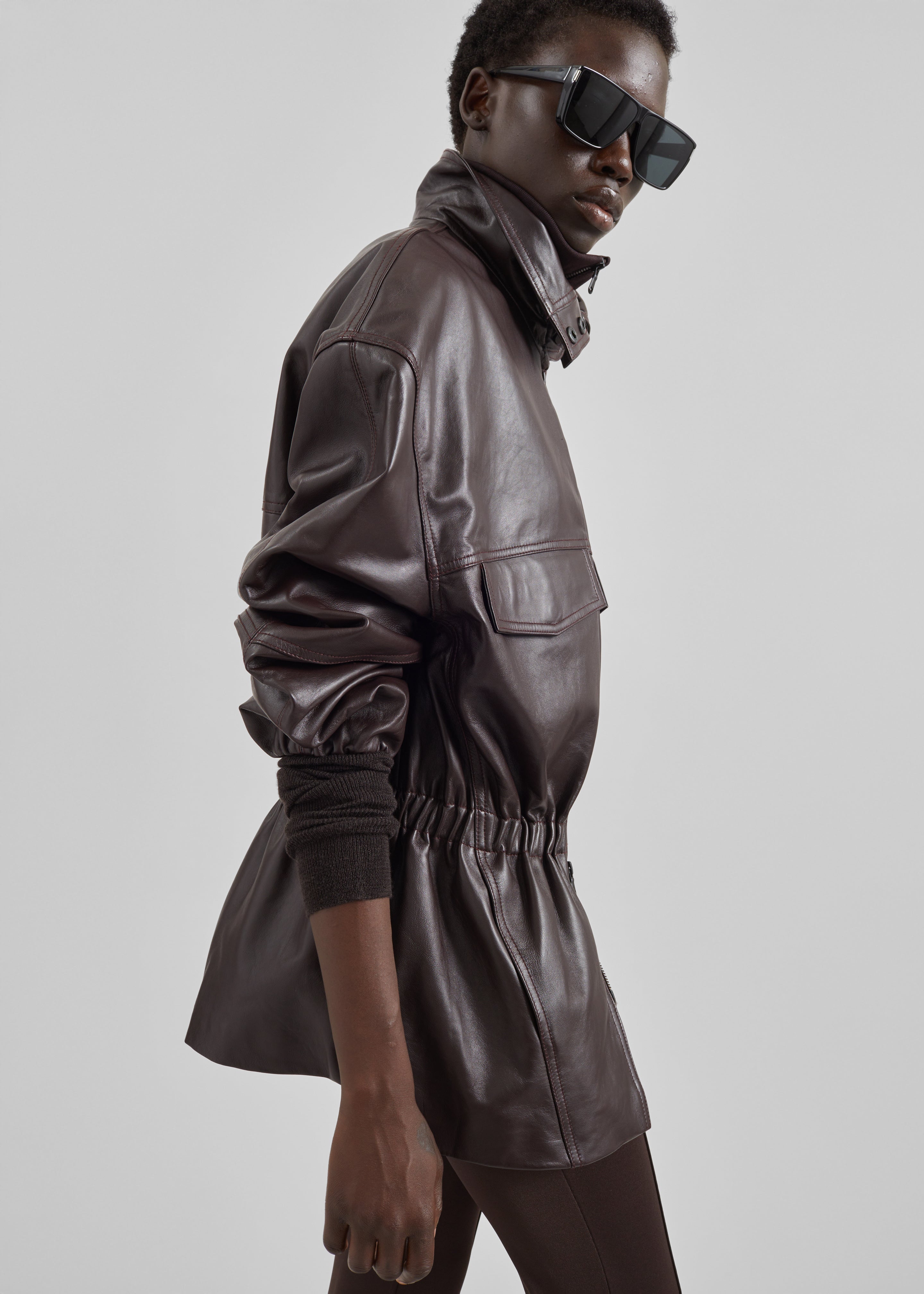 Carnaby Funnel Neck Leather Jacket - Dark Plum - 3