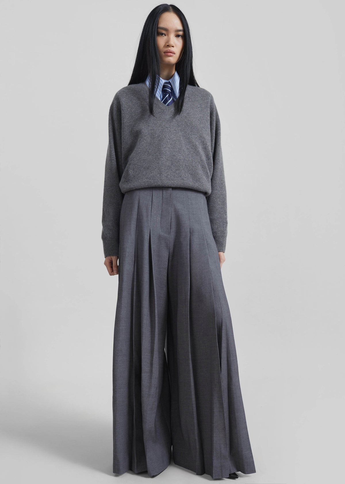 Carrick Pleated Wide Trousers - Dark Grey Melange - 12