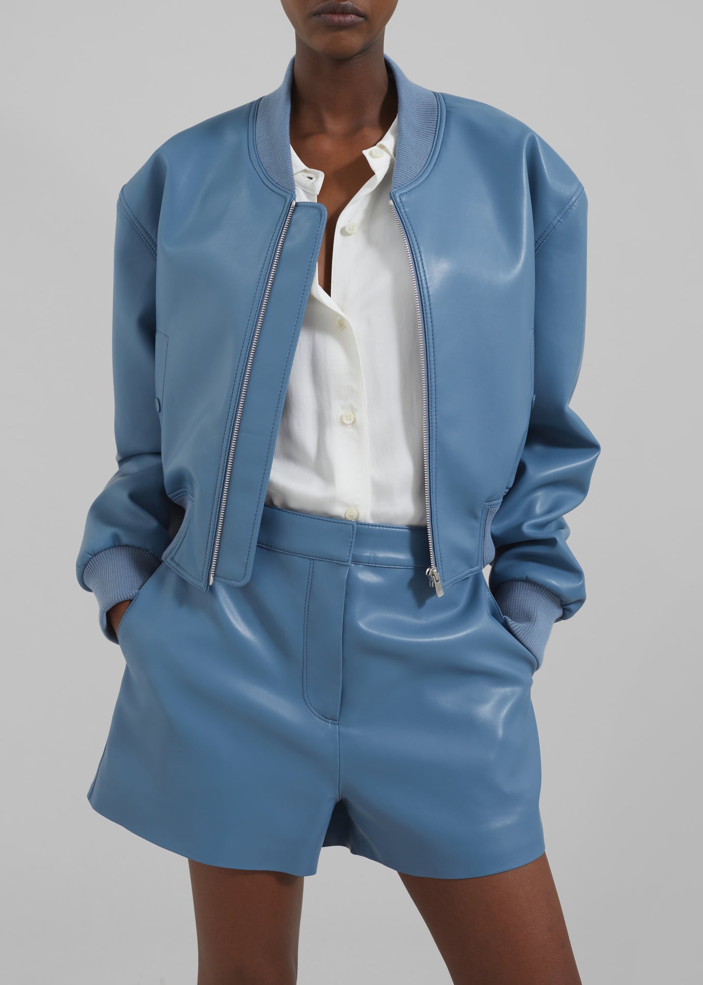 Cassie Faux Leather Bomber - Blue - 1