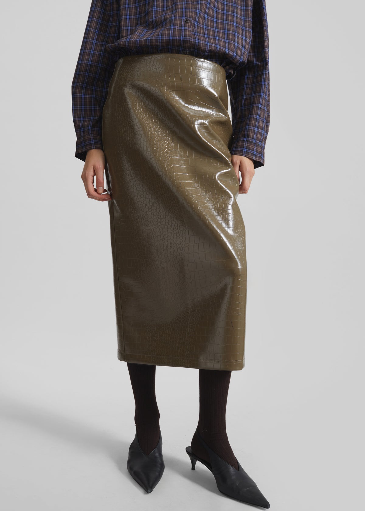 Cerys Faux Leather Croc Midi Skirt - Olive Brown - 3