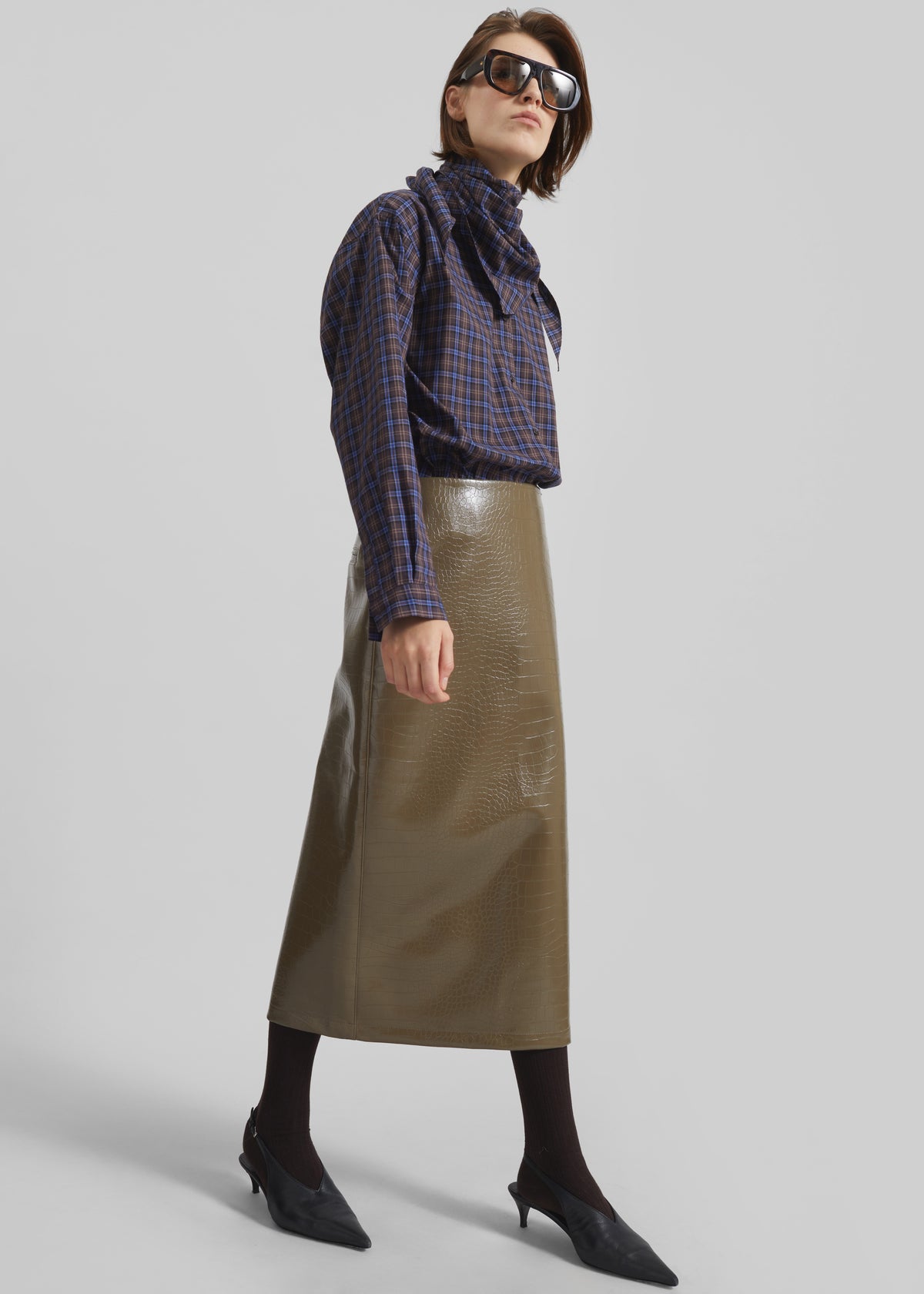 Cerys Faux Leather Croc Midi Skirt - Olive Brown - 9