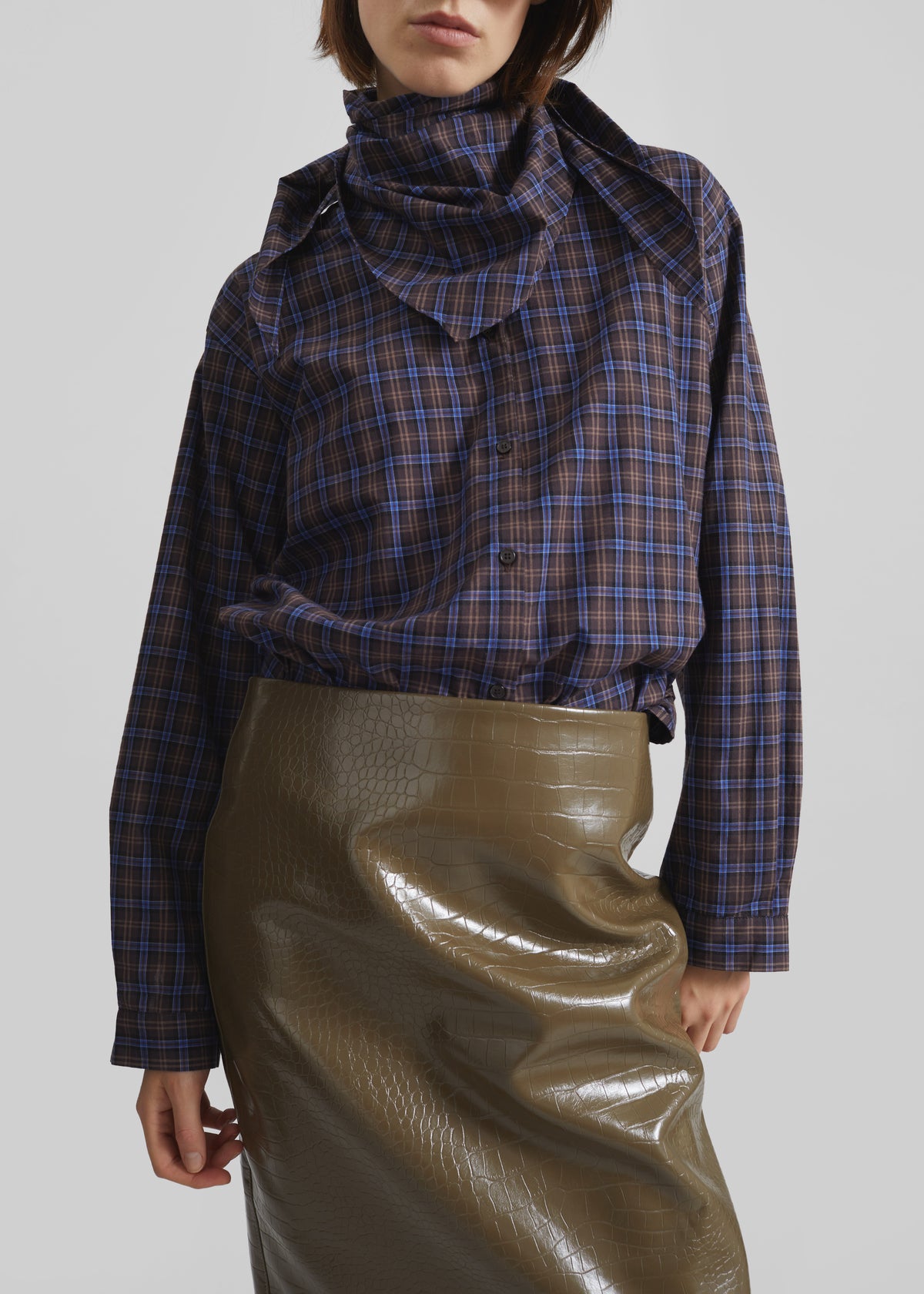 Cerys Faux Leather Croc Midi Skirt - Olive Brown - 7