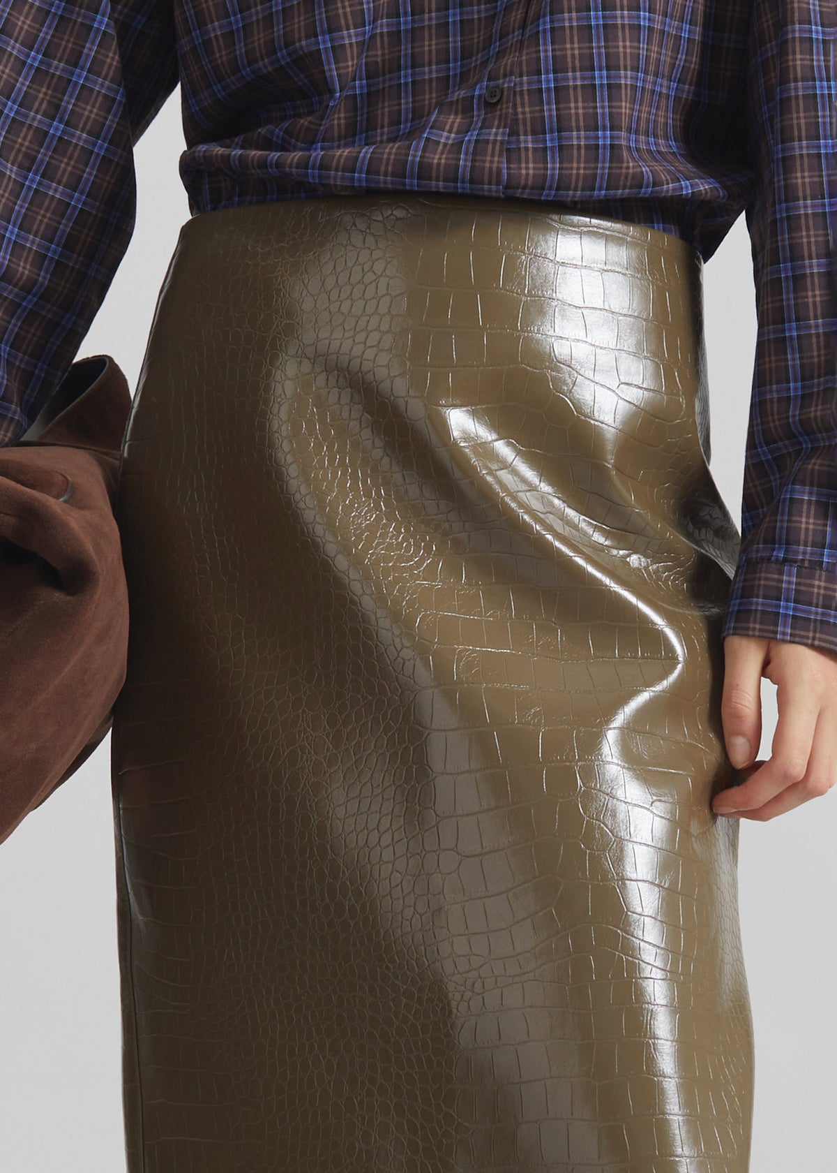 Cerys Faux Leather Croc Midi Skirt - Olive Brown - 2