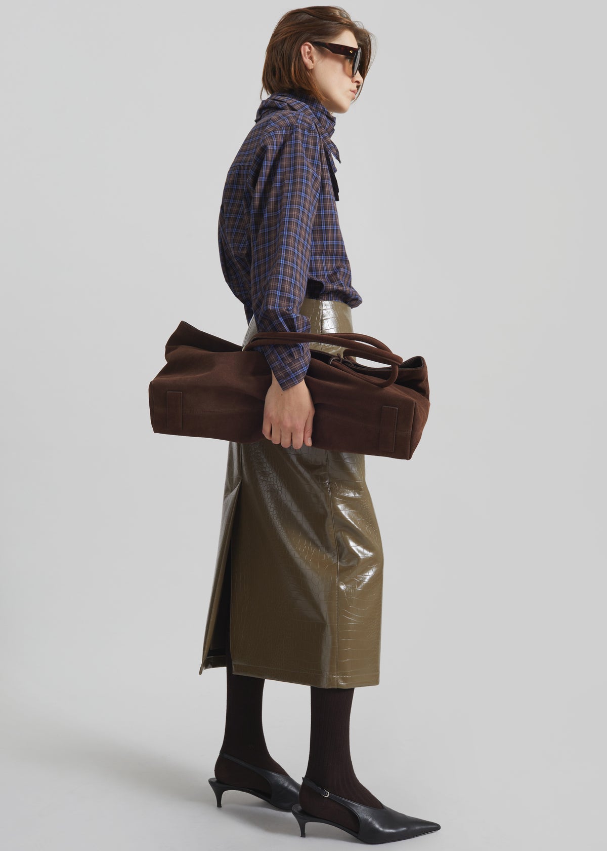 Cerys Faux Leather Croc Midi Skirt - Olive Brown - 5