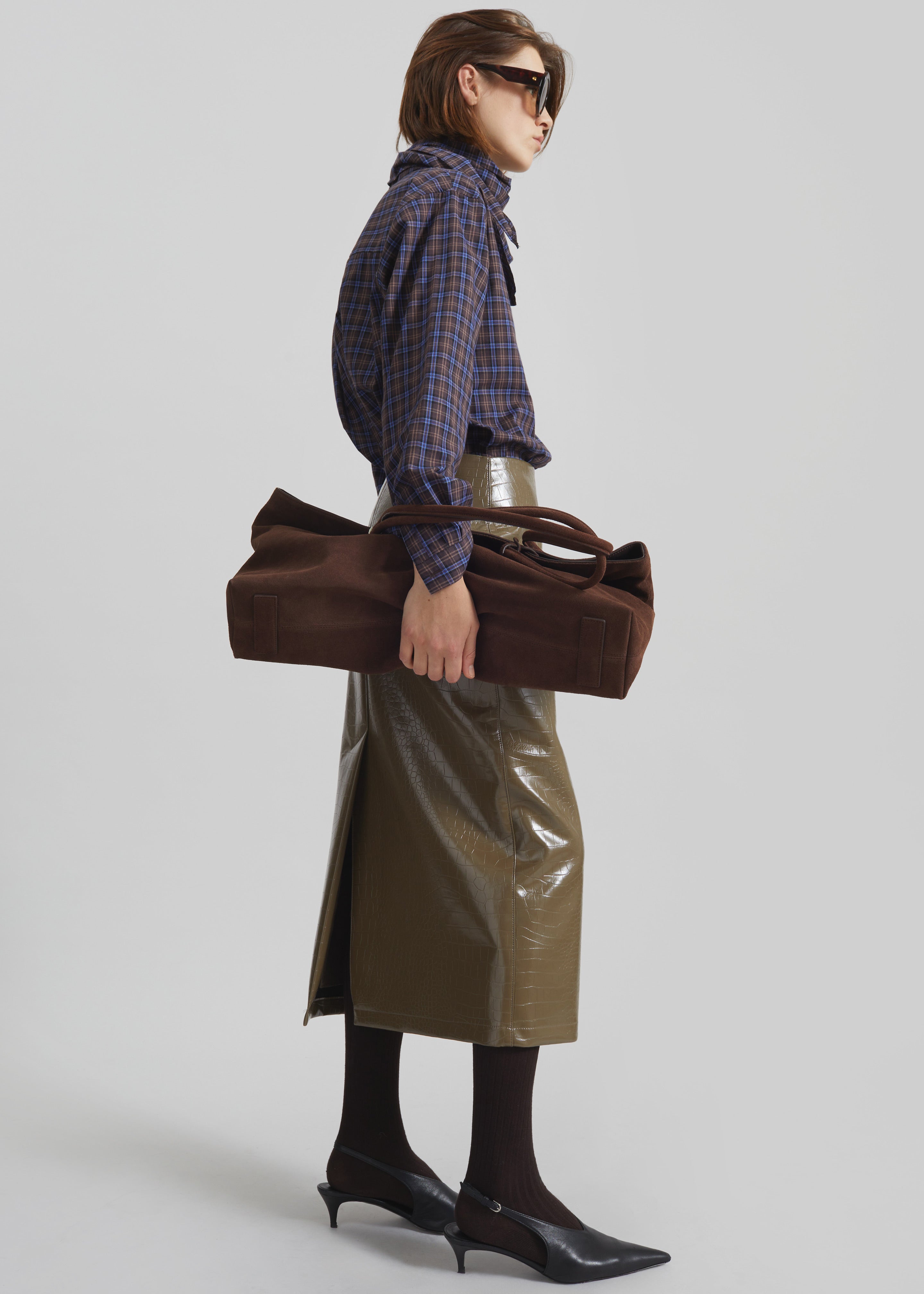 Cerys Faux Leather Croc Midi Skirt - Olive Brown - 5