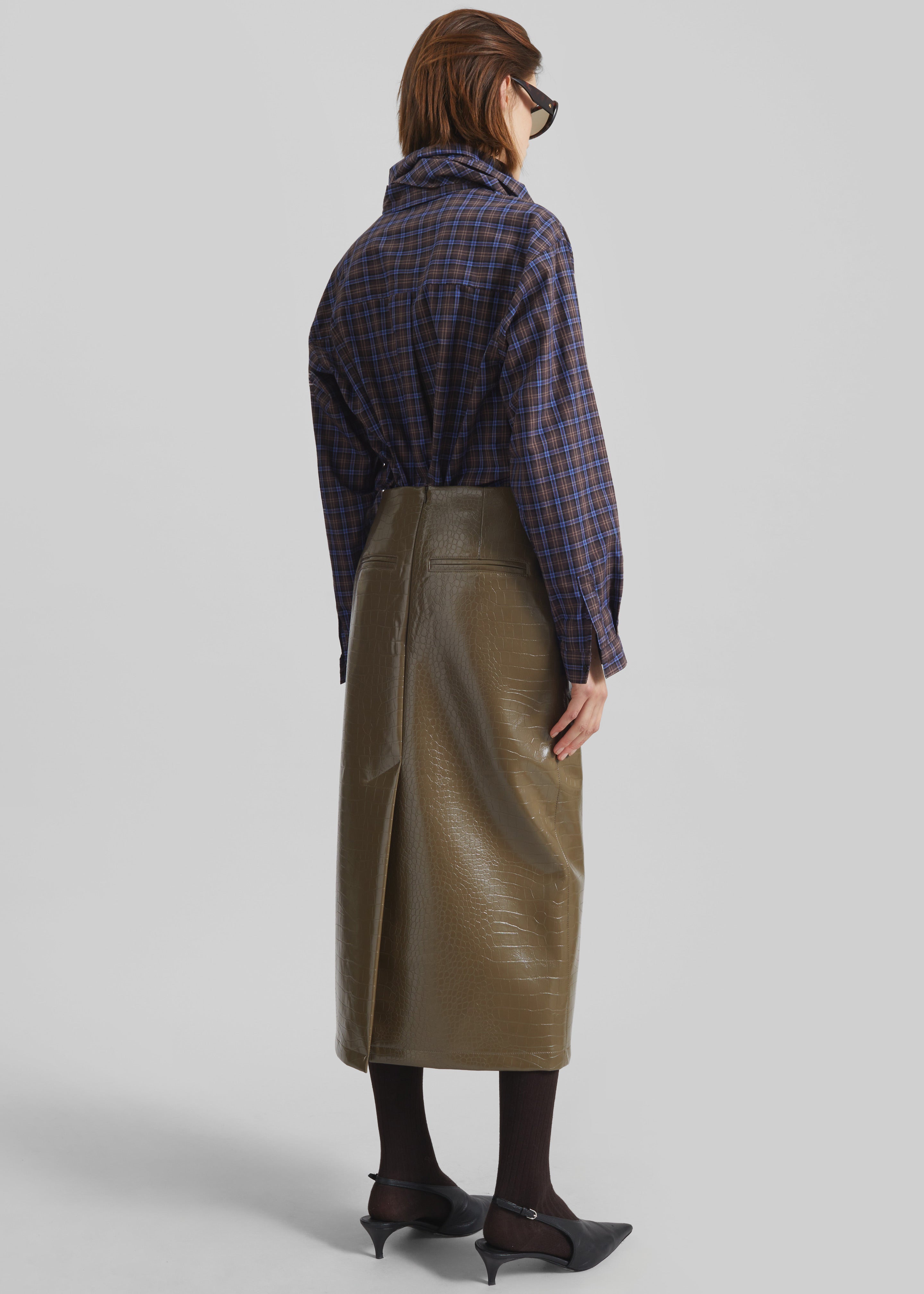 Cerys Faux Leather Croc Midi Skirt - Olive Brown - 10