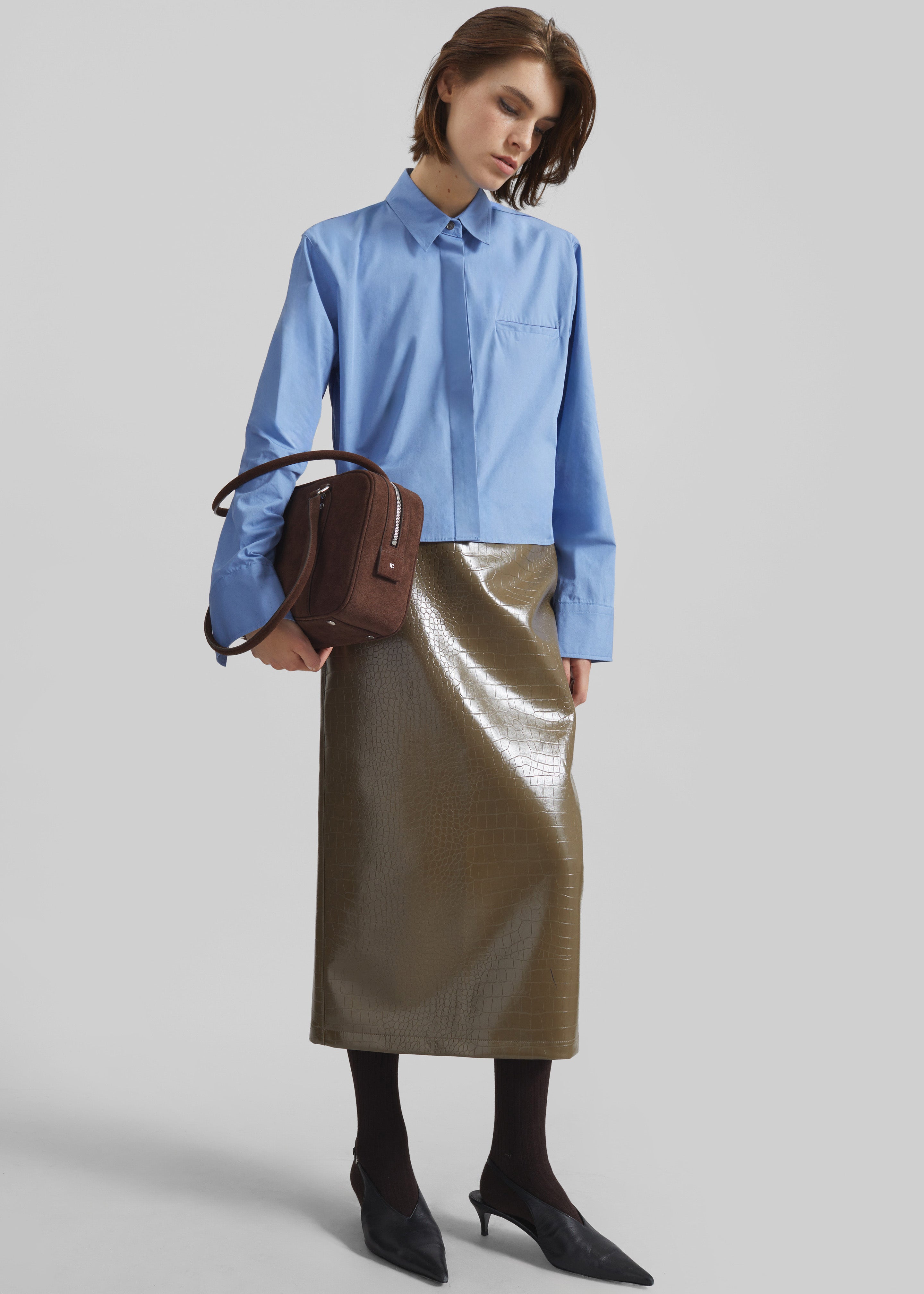 Cerys Faux Leather Croc Midi Skirt - Olive Brown - 1