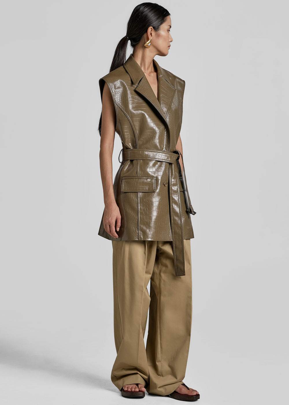 Cerys Faux Leather Croc Vest - Olive Brown - 1