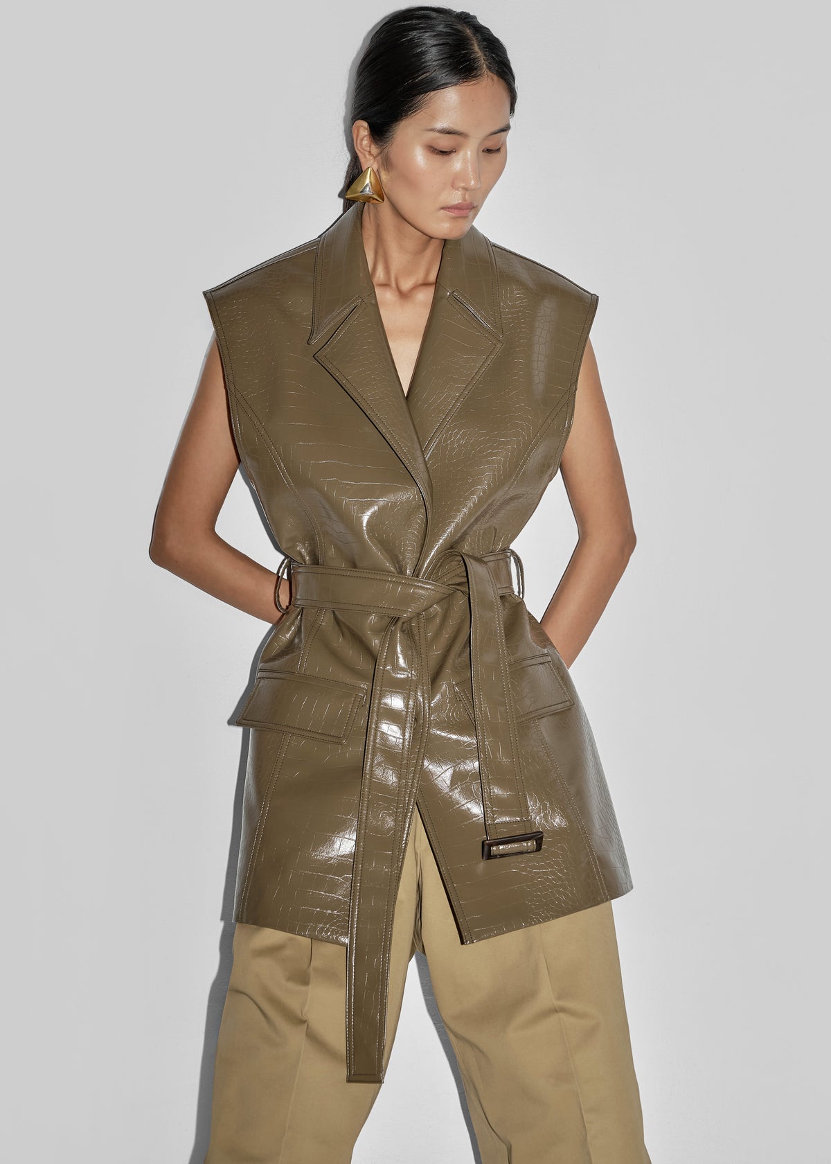 Cerys Faux Leather Croc Vest - Olive Brown - 1