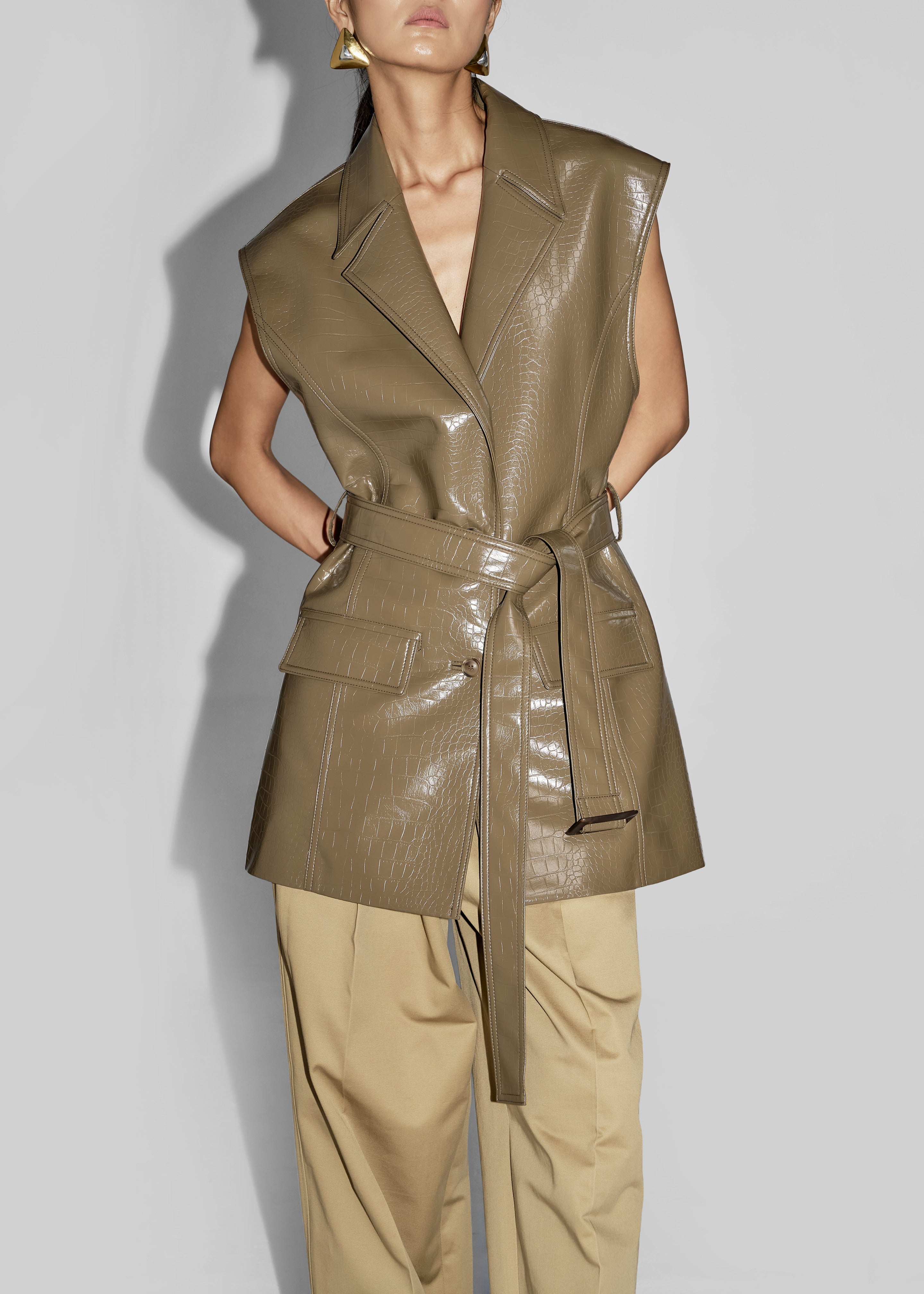 Cerys Faux Leather Croc Vest - Olive Brown - 7