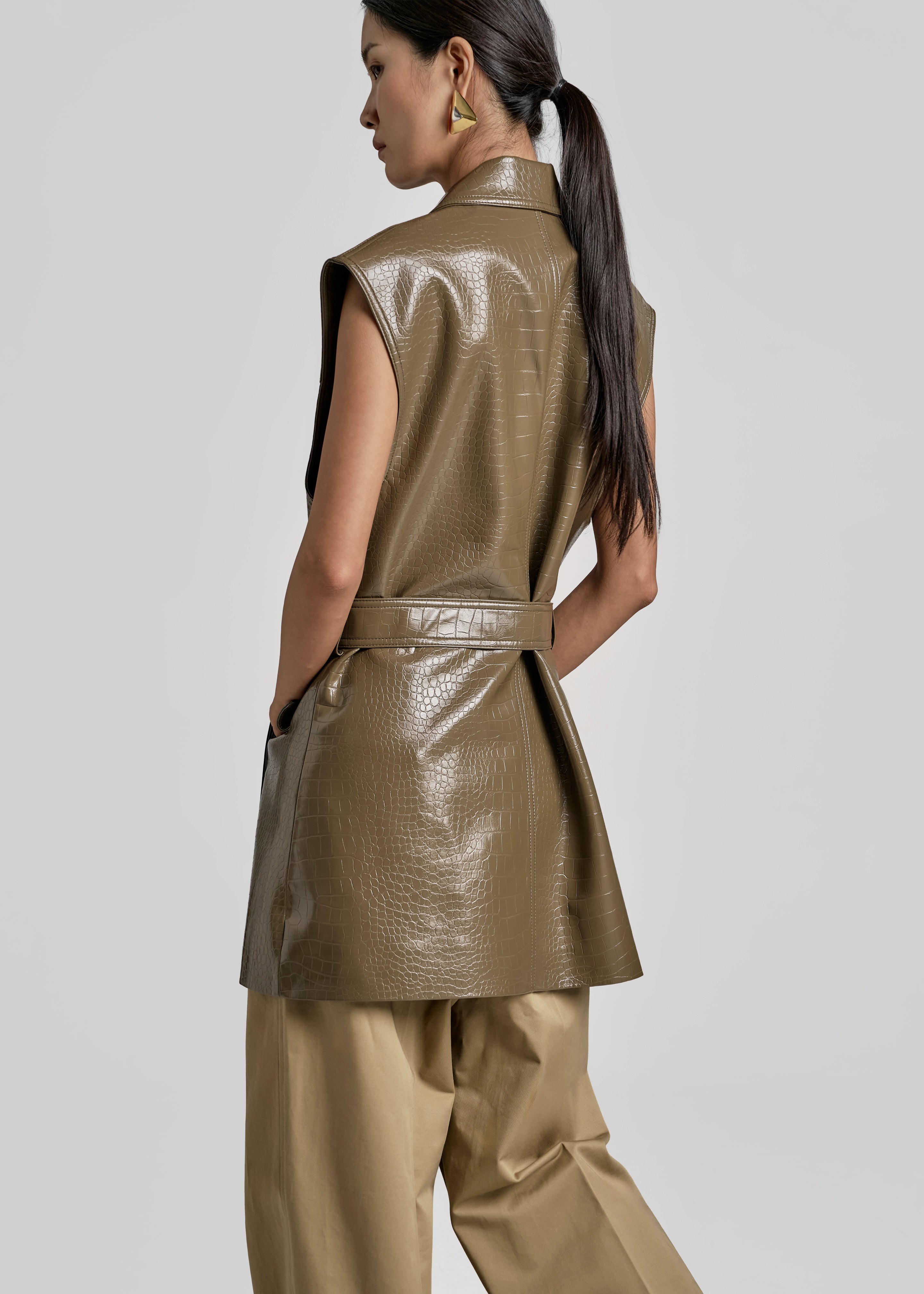 Cerys Faux Leather Croc Vest - Olive Brown - 8