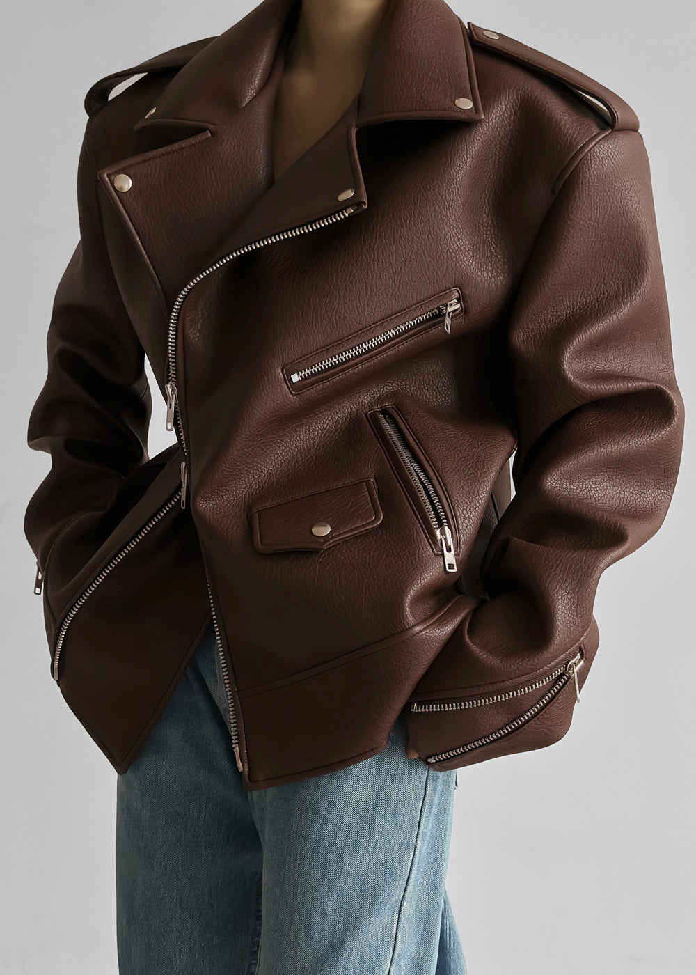 Chicago Oversized Biker Jacket - Brown - 1