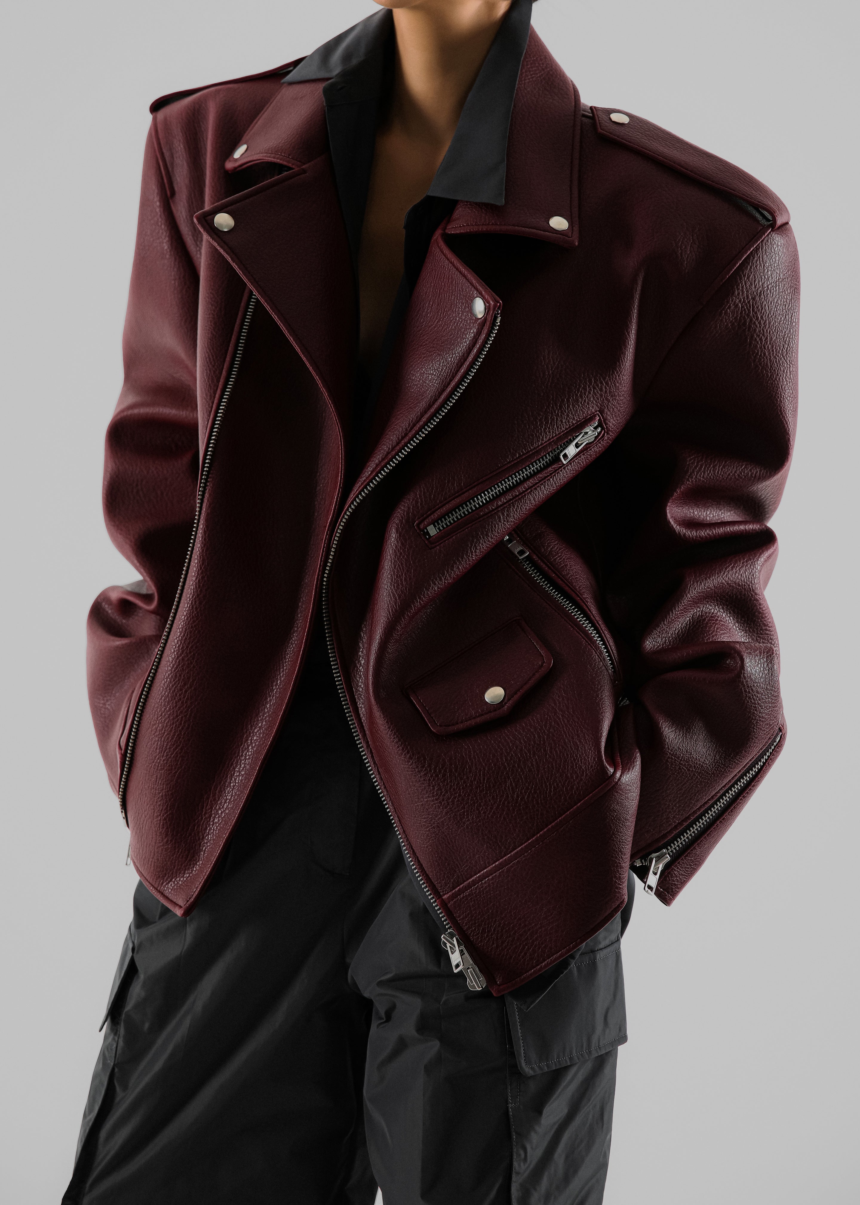 Chicago Oversized Biker Jacket - Burgundy - 6