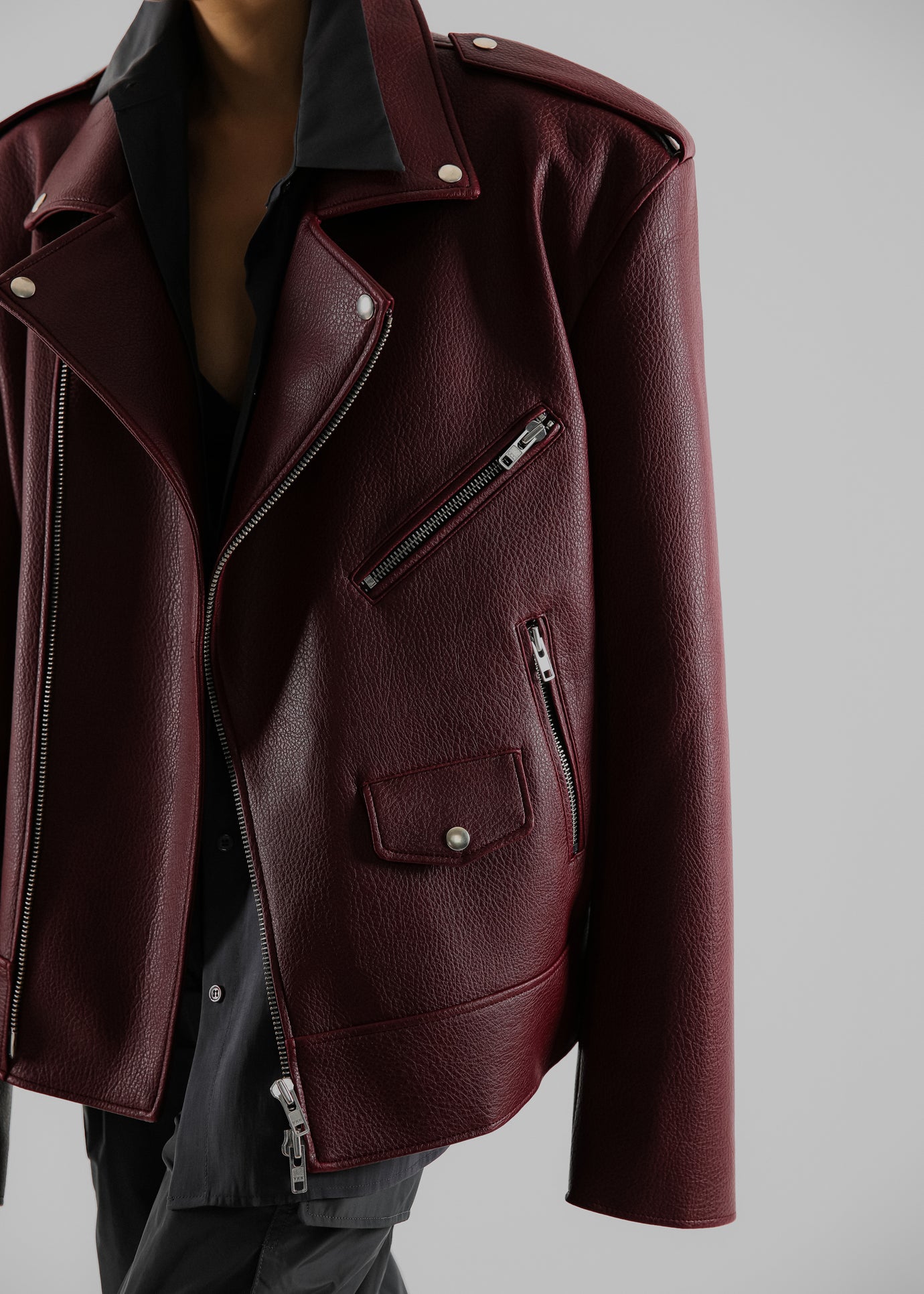 Chicago Oversized Biker Jacket - Burgundy - 1