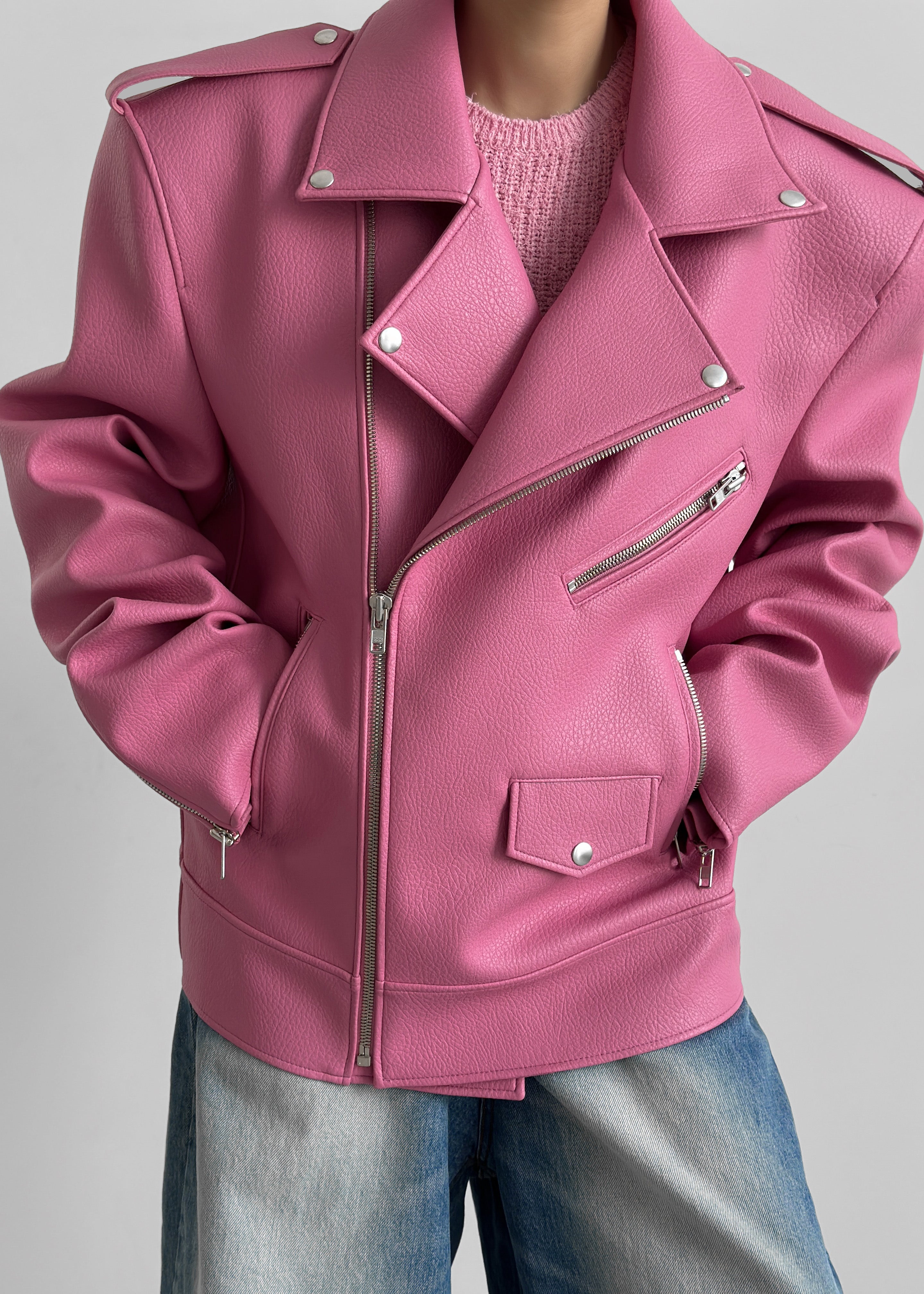 Chicago Oversized Biker Jacket - Pink - 10