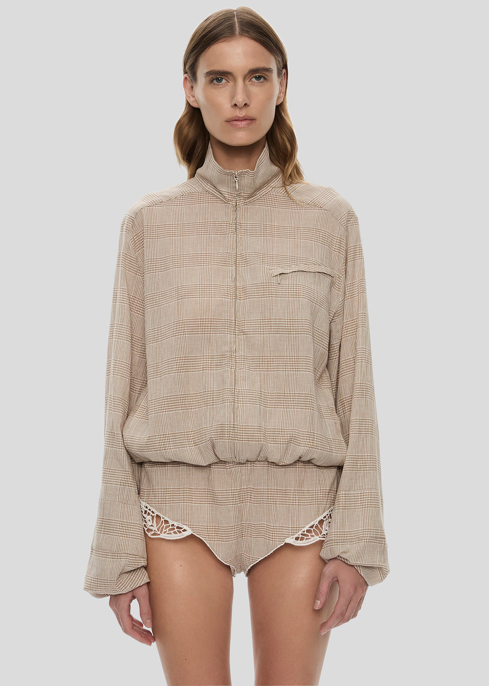 Christopher Esber Batiste Embroidered Handkerchief One Piece - Sepia Check