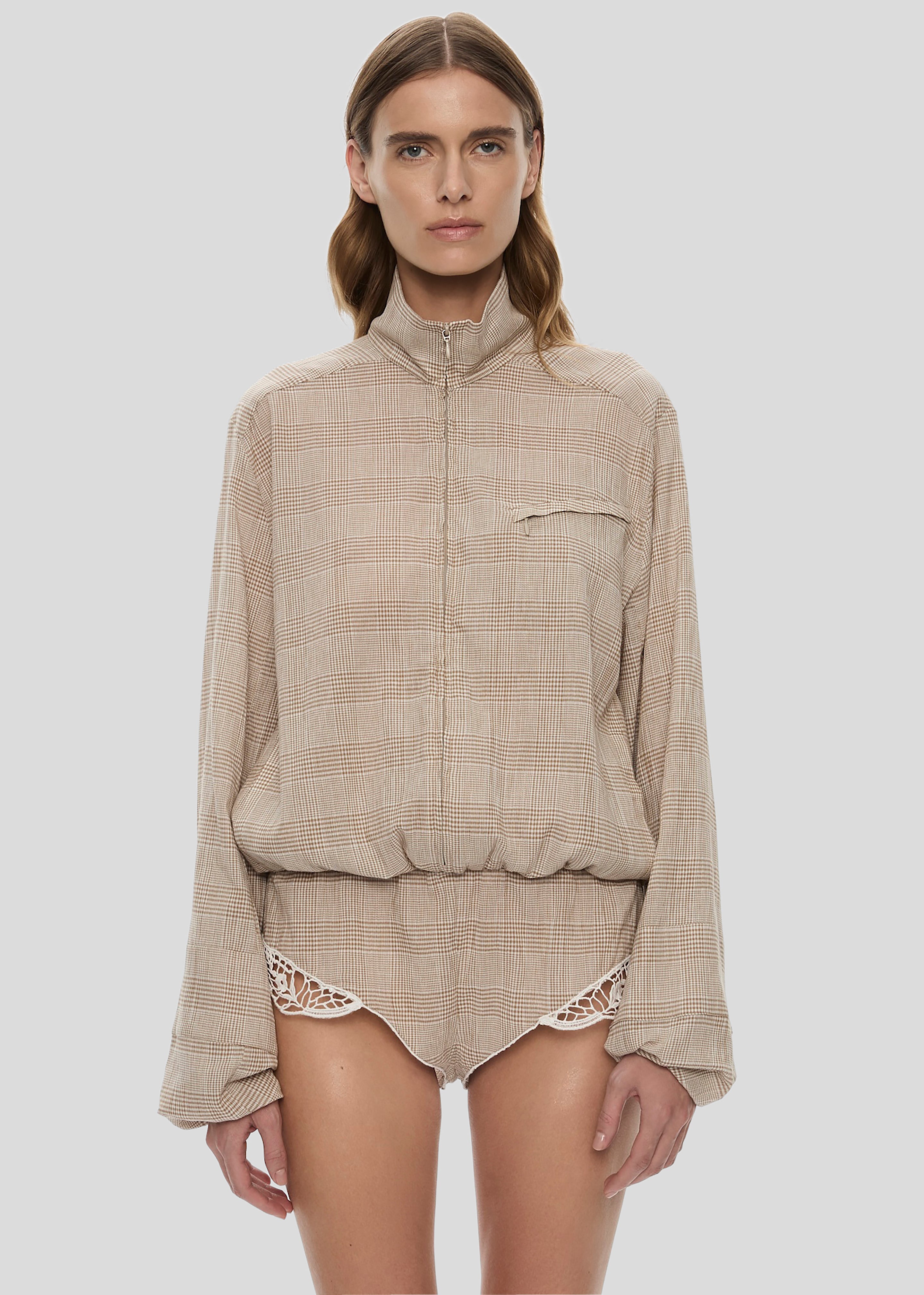 Christopher Esber Batiste Embroidered Handkerchief One Piece - Sepia Check - 1