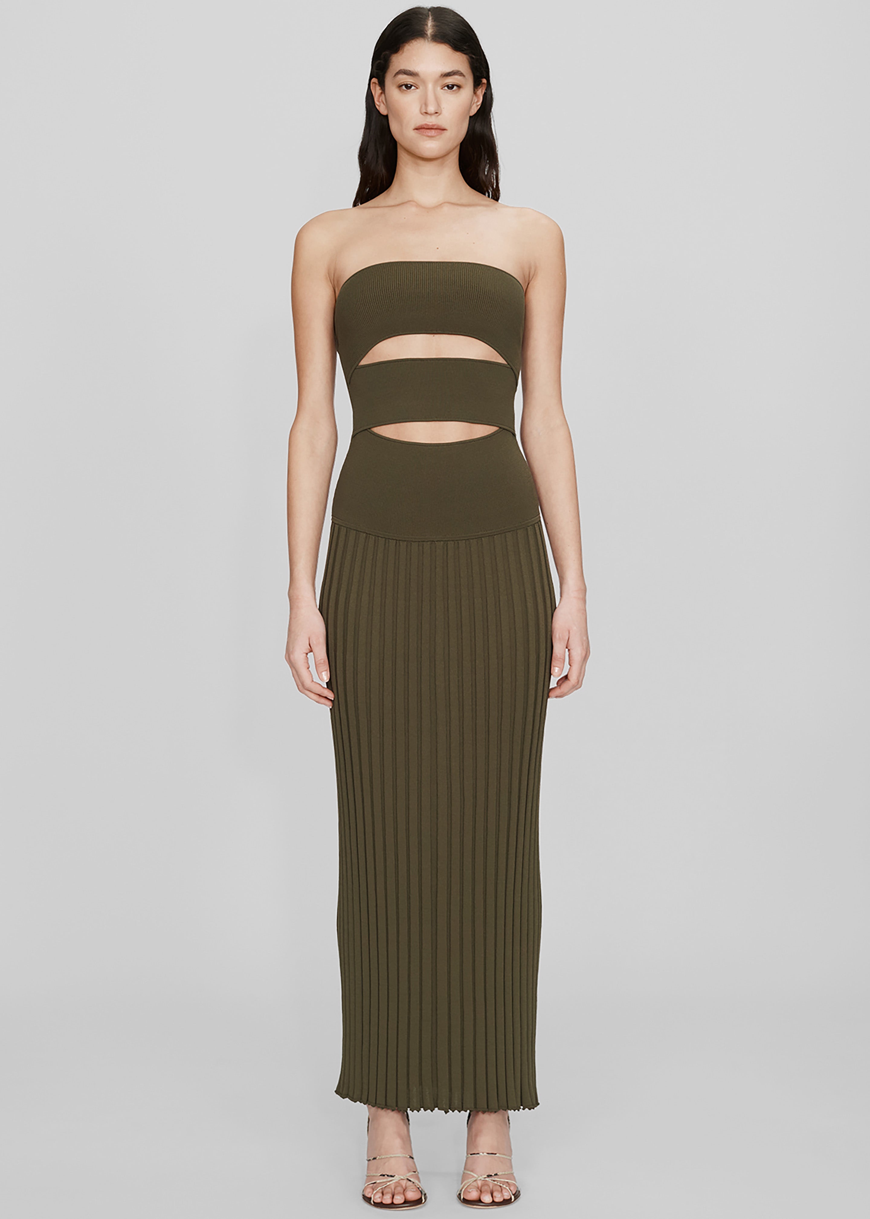 Christopher Esber Slashed Knit Sunray Strapless Dress - Kombu - 1