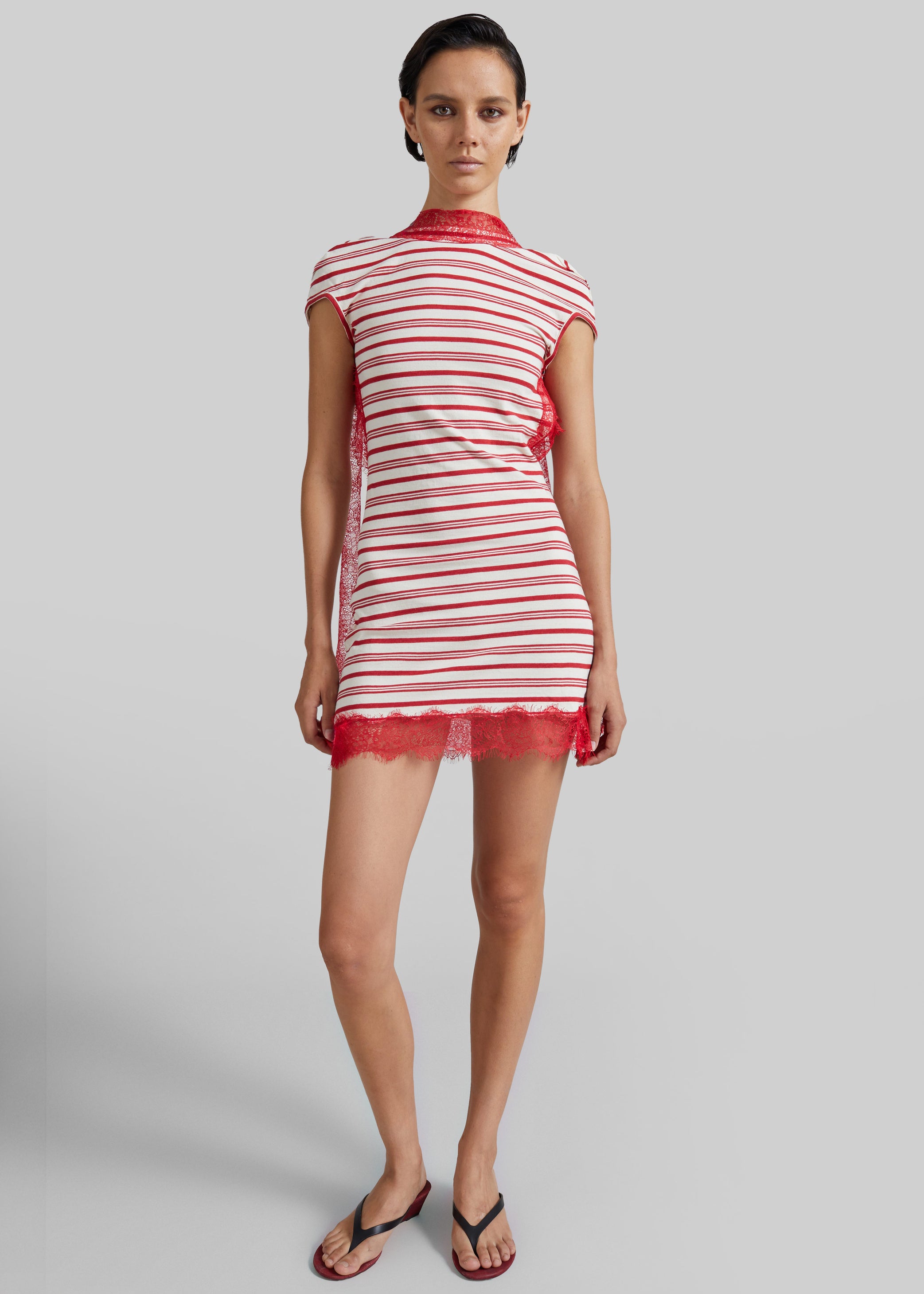 Shop the look image for Christopher Esber Stripe Jersey Lace Trimmed Tee Dress - Flame/White