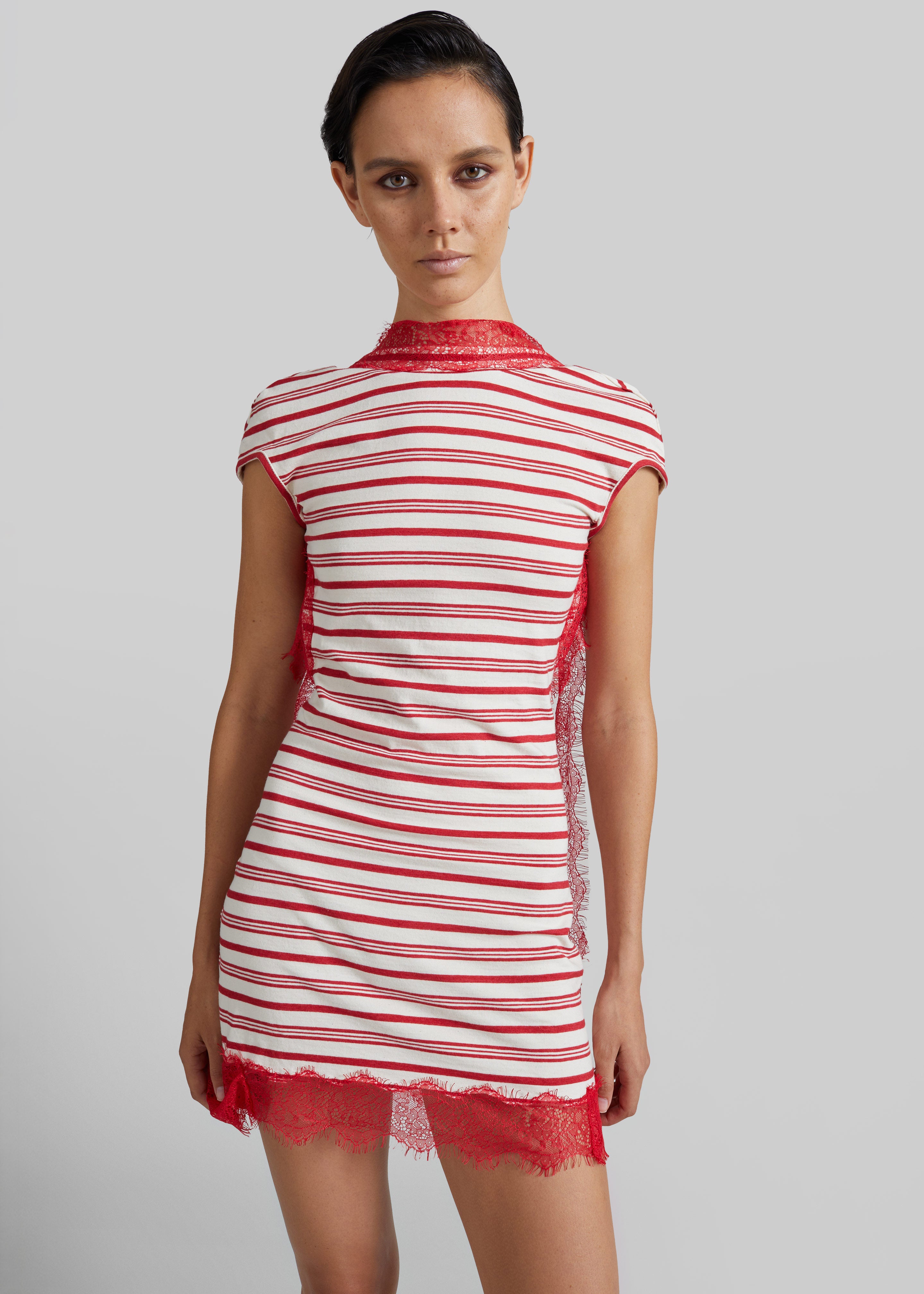 Christopher Esber Stripe Jersey Lace Trimmed Tee Dress - Flame/ White - 5