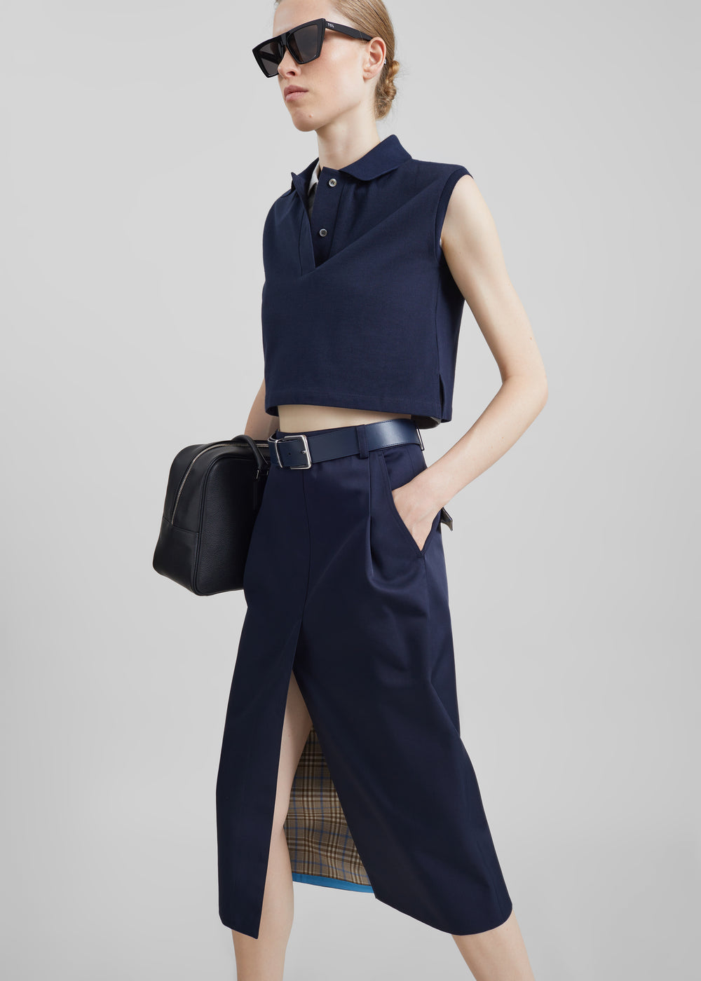 Claira Cropped Sleeveless Polo Top - Dark Navy - 1