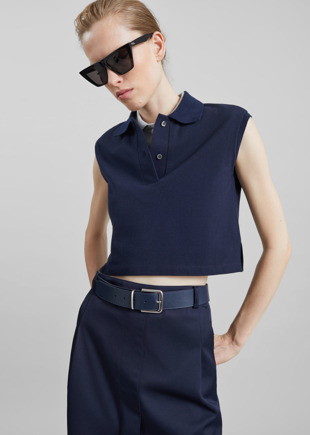 Claira Cropped Sleeveless Polo Top - Dark Navy