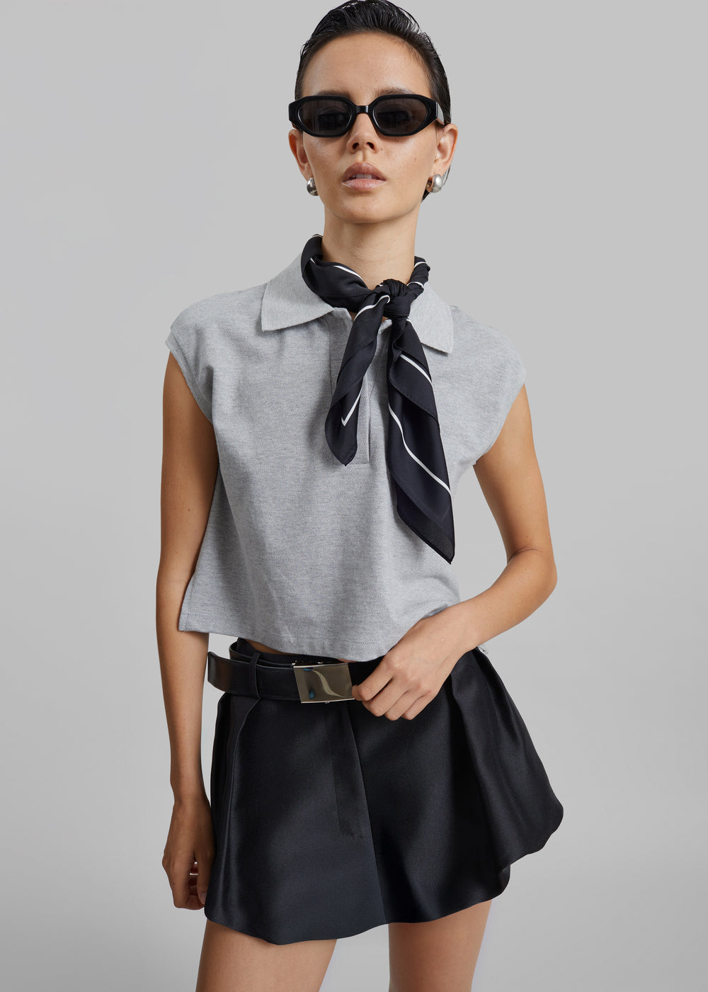 Claira Cropped Sleeveless Polo Top - Light Grey - 1
