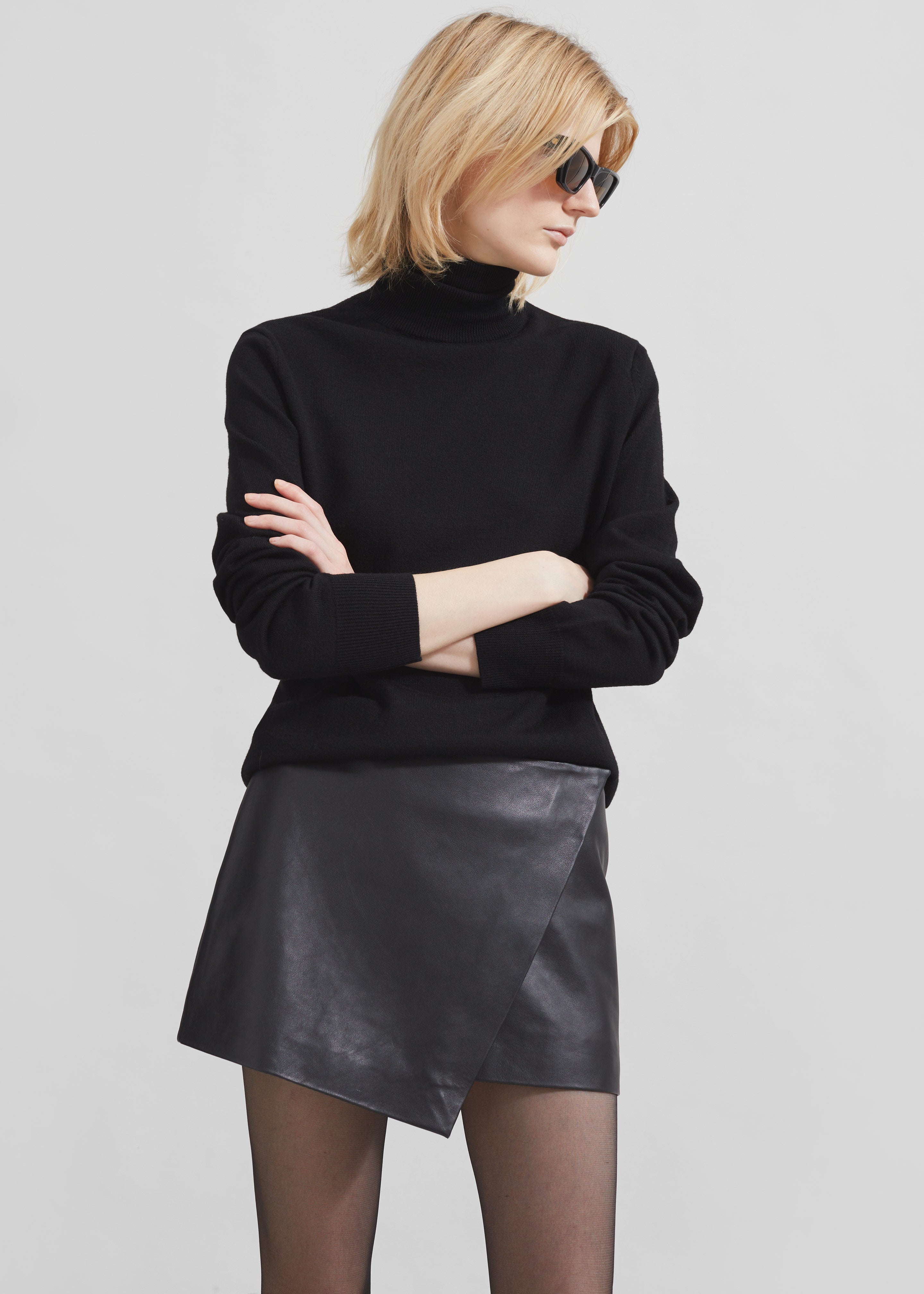 Cleo Leather Mini Wrap Skirt - Black - 1