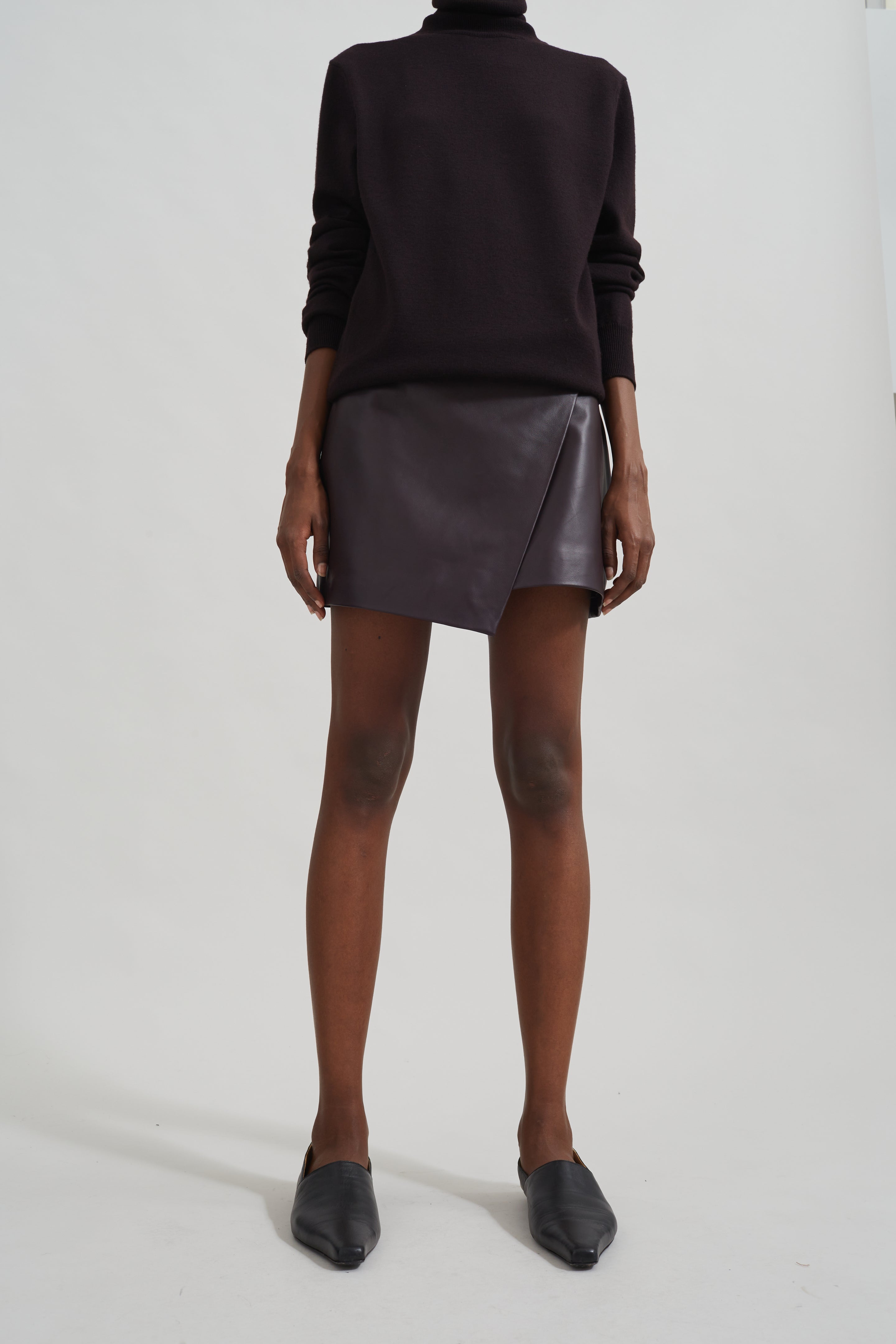 Cleo Leather Mini Wrap Skirt - Dark Plum - 4