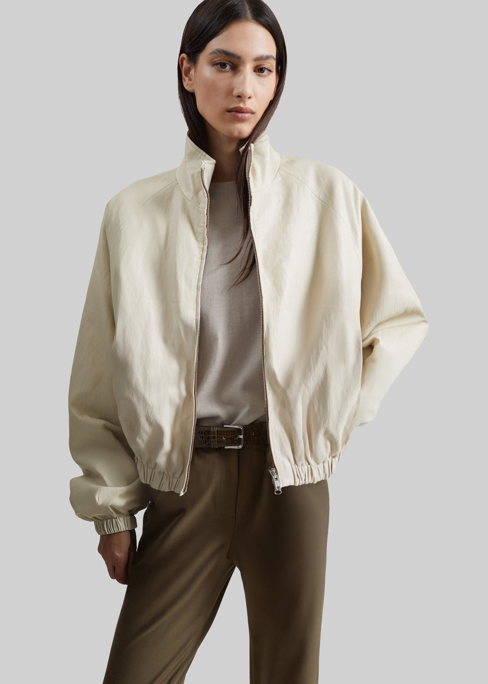 Cloud Faux Leather Bomber Jacket - Ecru - 1